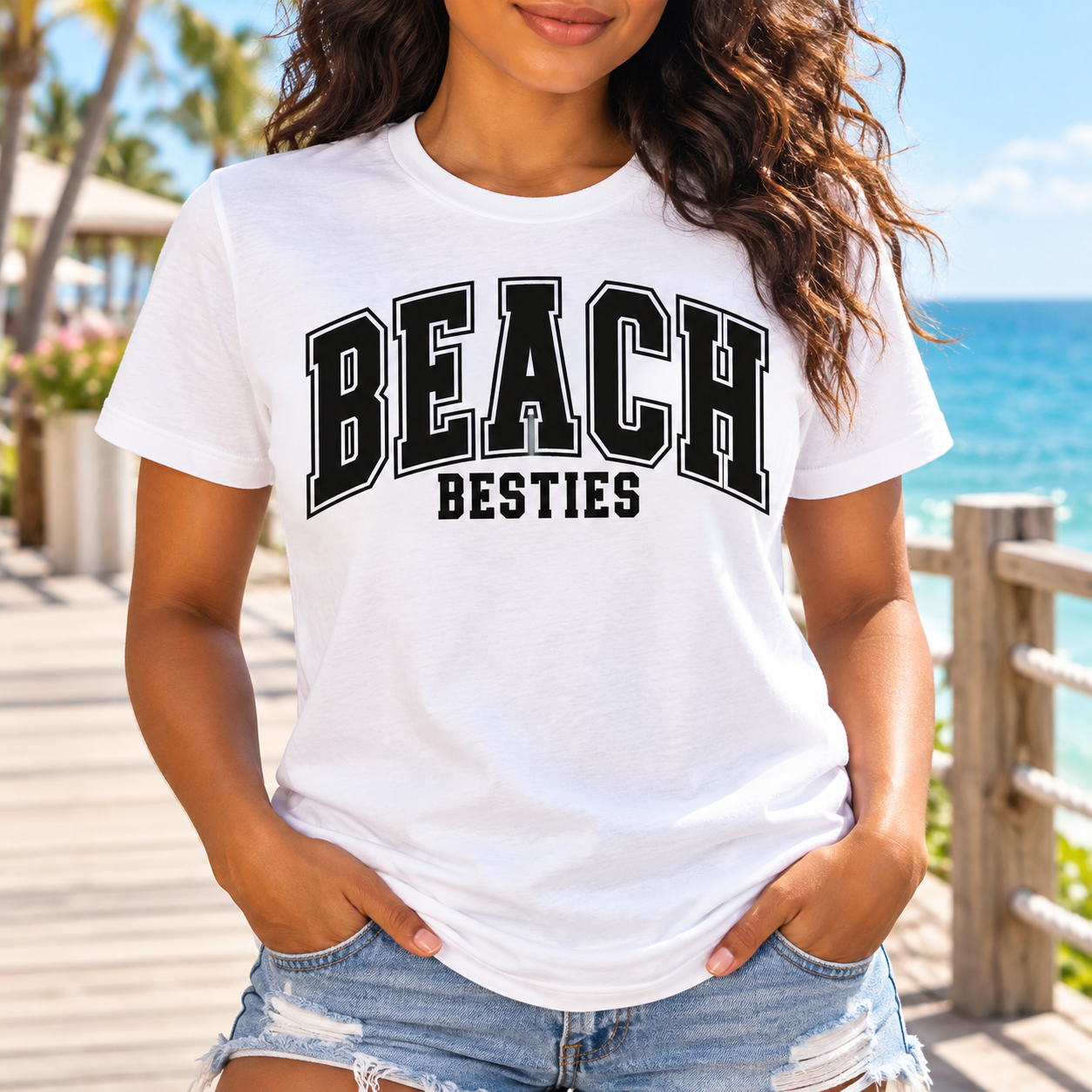 Beach Besties Varsity Vacation Tee front graphic on a white unisex crewneck tee, AI-generated lifestyle mockup.