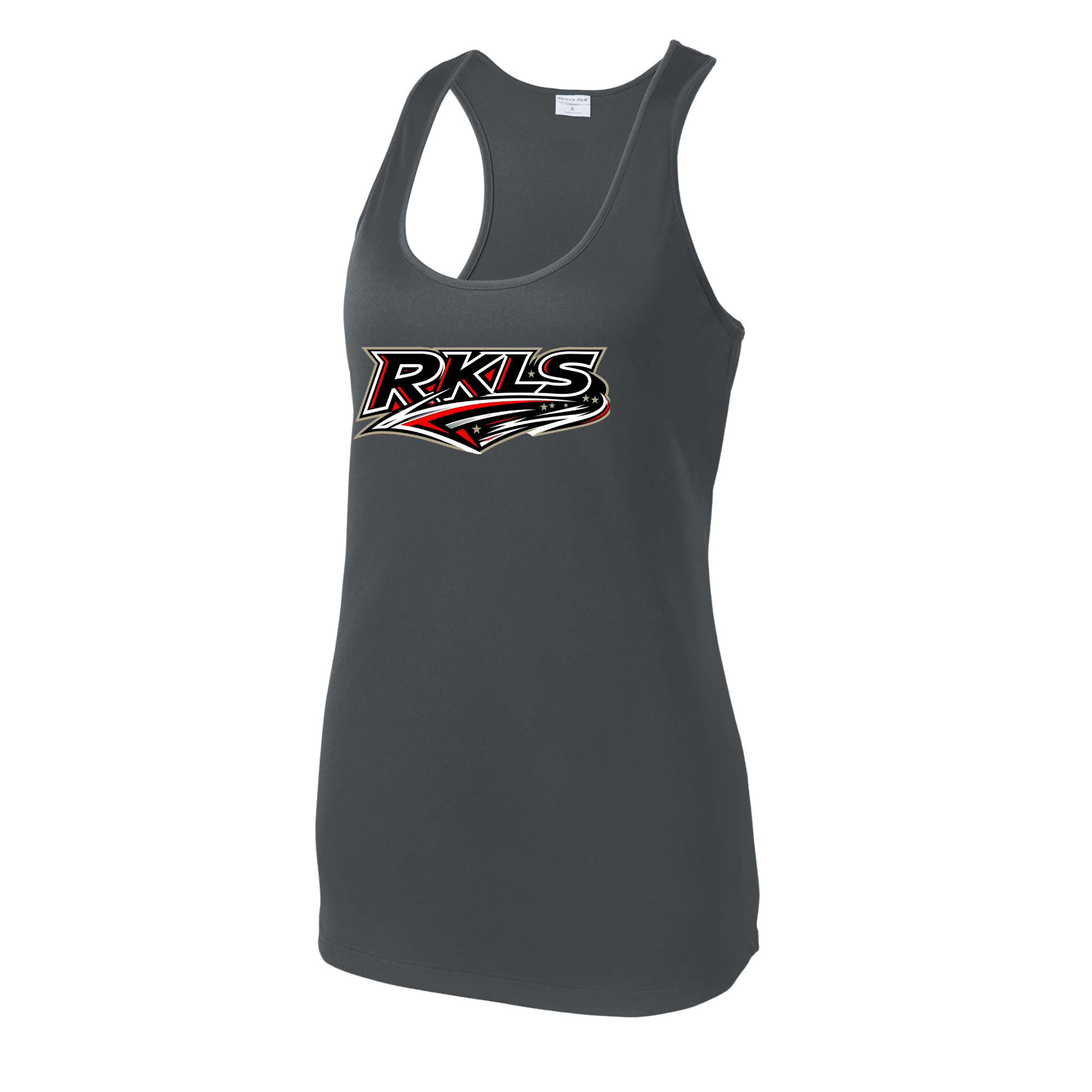 pinellas-reckless-baseball-iron-gray-womens-performance-racerback-tank-front-logo.png
