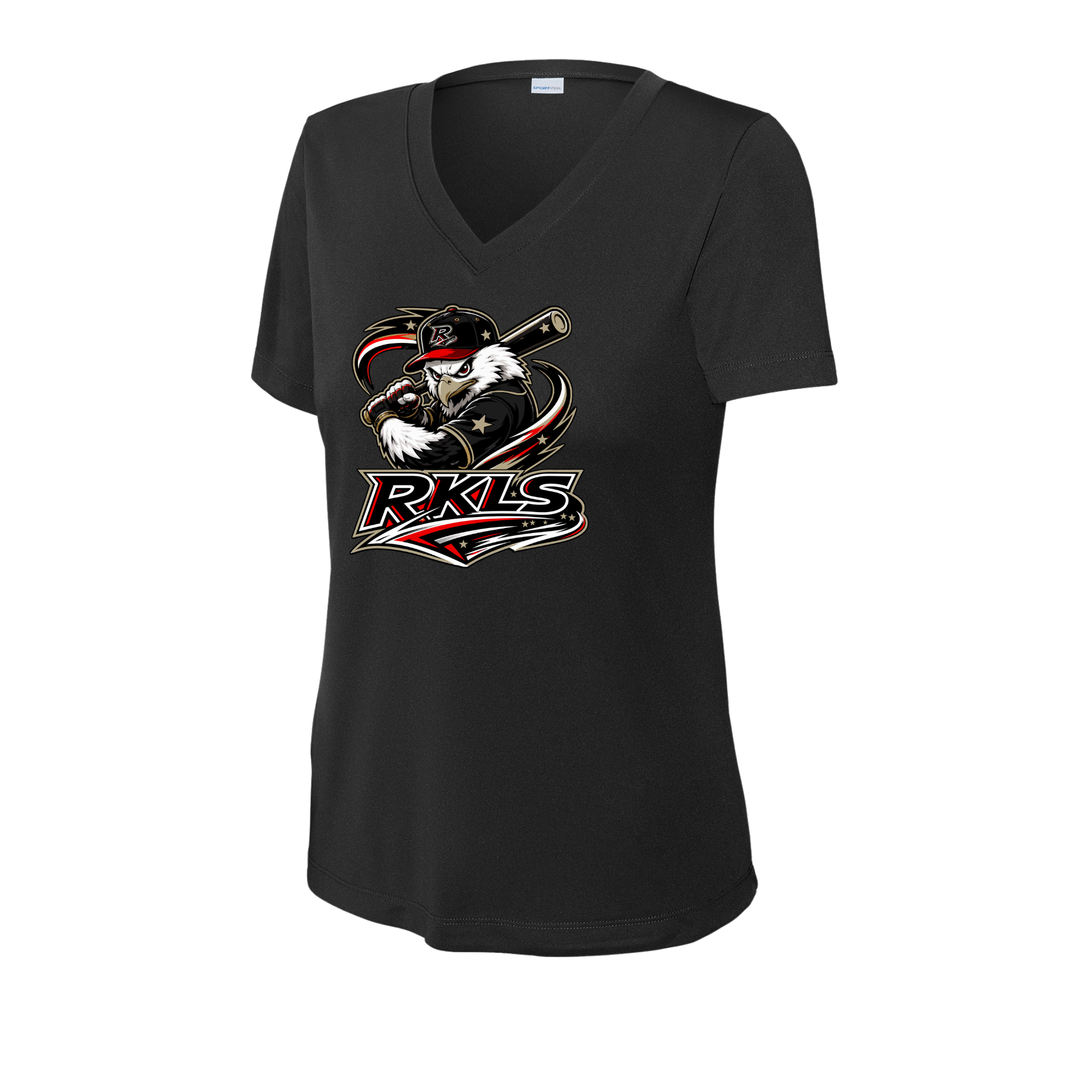 pinellas-reckless-baseball-black-womens-performance-v-neck-t-shirt-front-logo.png