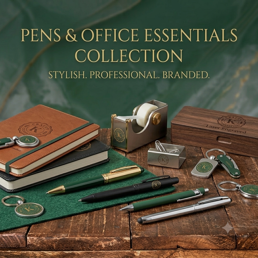 Display of pens, notebooks, keychains, and office accessories on a wooden surface with a green background and text that reads 'Pens & Office Essentials Collection, Stylish, Professional, Branded.'