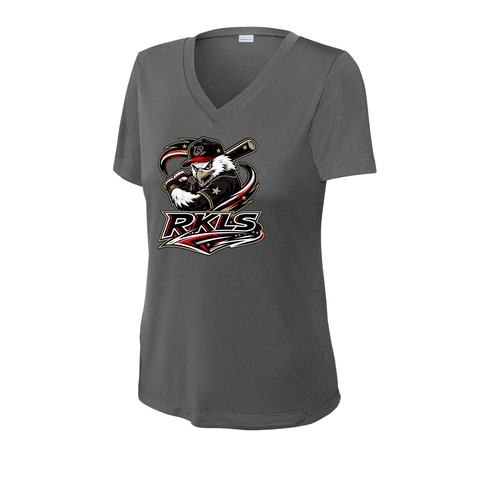 pinellas-reckless-baseball-iron-gray-womens-performance-v-neck-t-shirt-front-logo.png