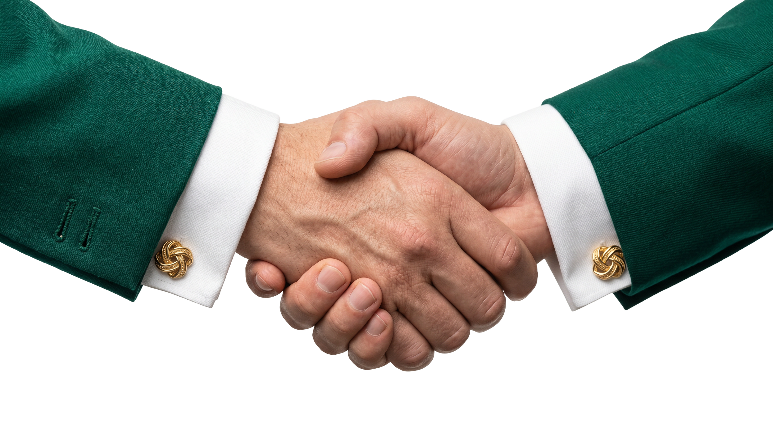 Two individuals in green suits shaking hands.