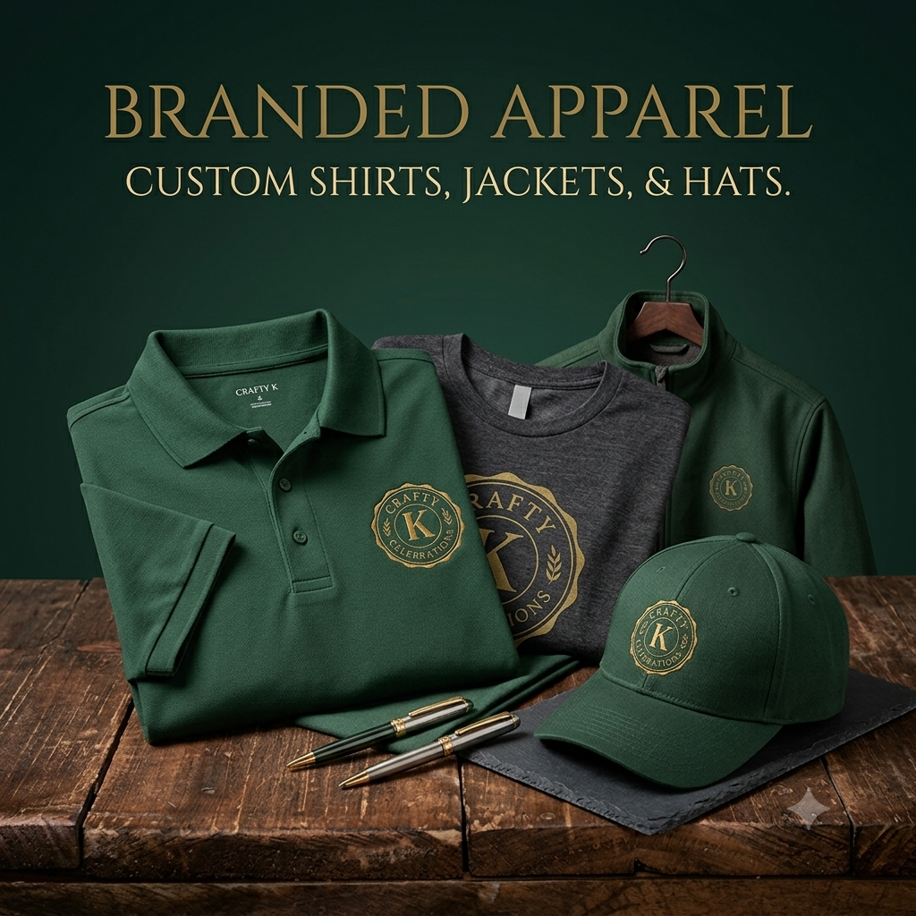 Display of custom branded apparel including a green polo shirt, a gray t-shirt, a green jacket, a green cap, and two pens on a wooden table.