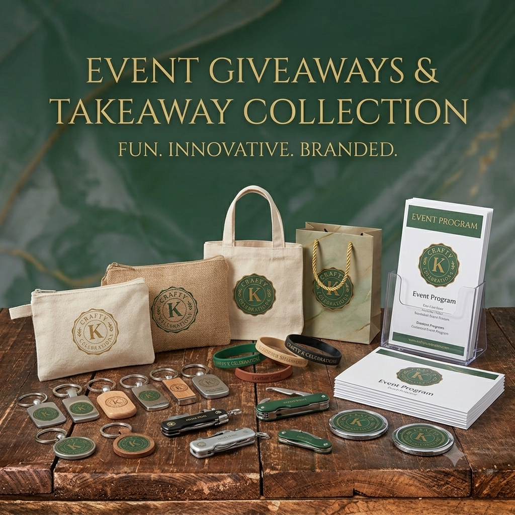 A collection of event giveaway items including keychains, wristbands, notebooks, pens, and tote bags with a green and beige themed logo design, displayed on a wooden surface with a green leafy background.
