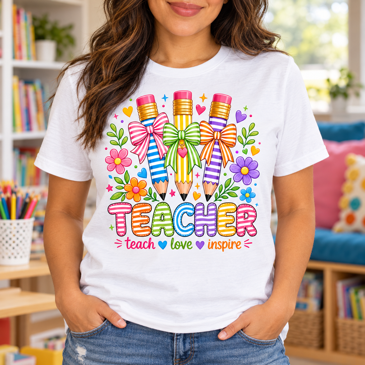 Teach Love Inspire Pencil Bow Tee