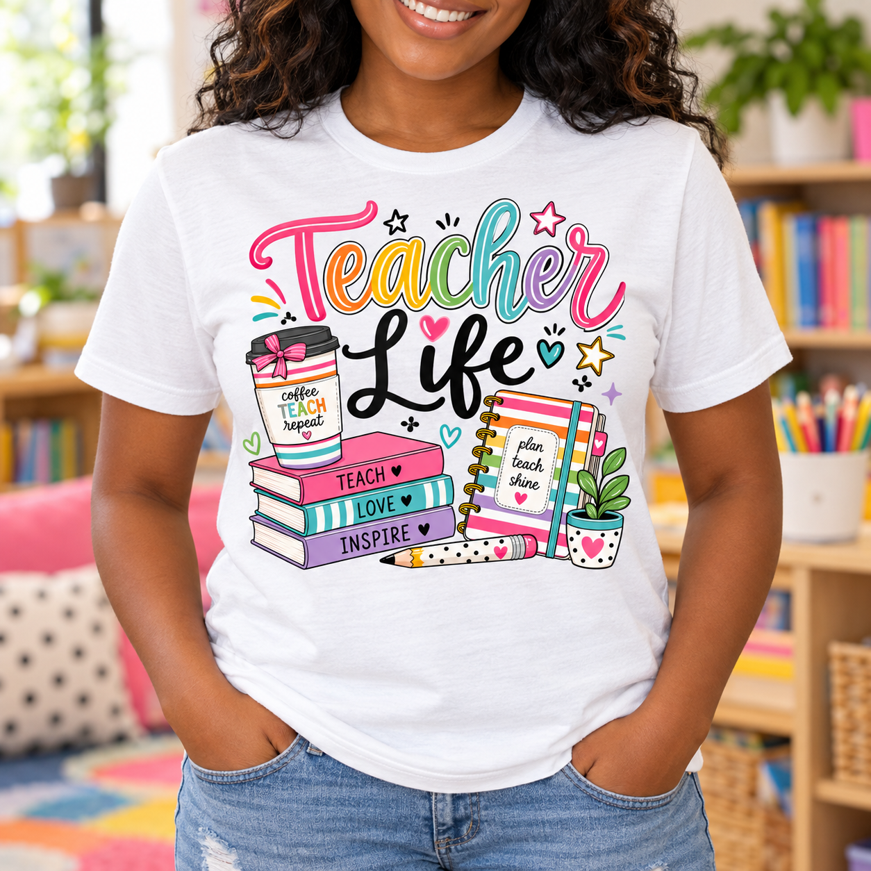 Teacher Life Books and Coffee Tee