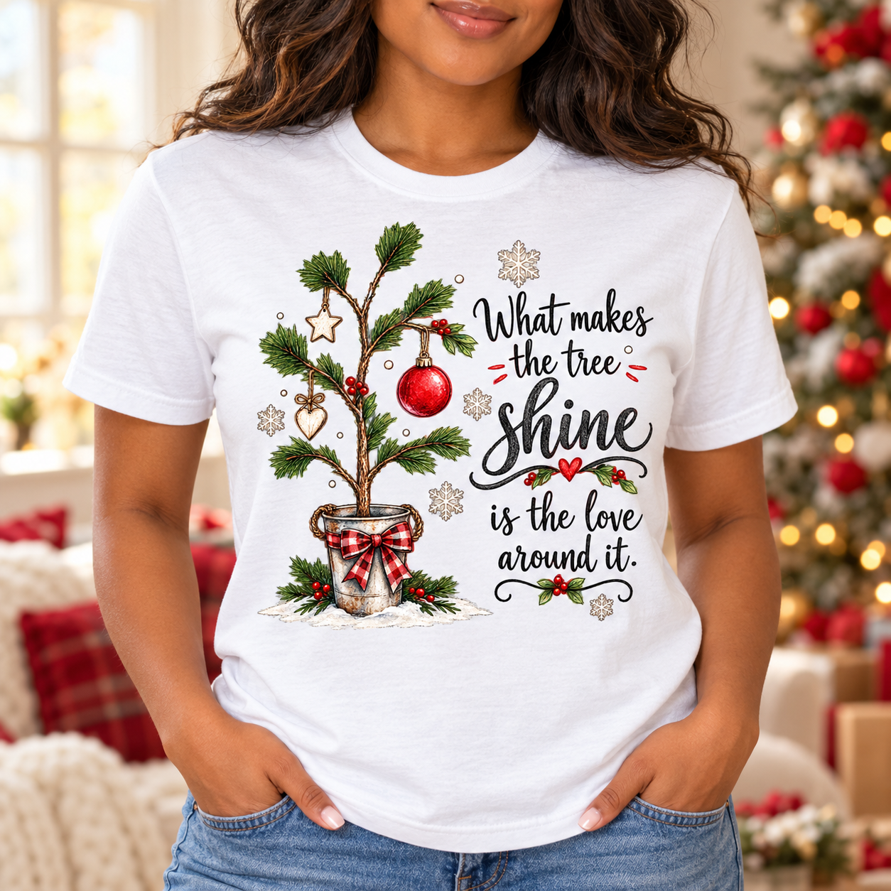 Rustic Potted Christmas Tree Winter Tee front graphic on a white unisex crewneck tee, AI-generated lifestyle mockup.