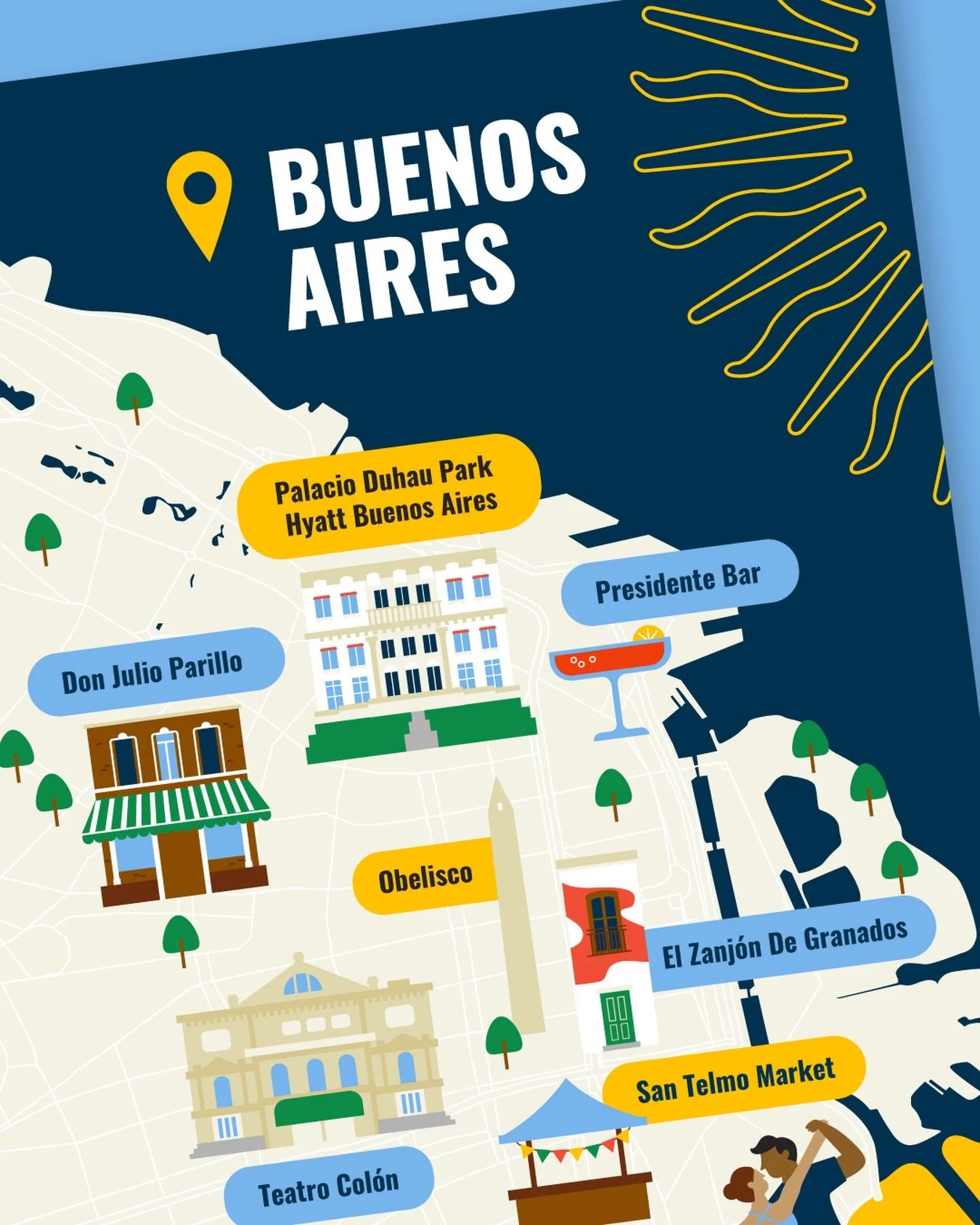 Got to create an illustrated map of Buenos Aires for a client&rsquo;s upcoming event 🗺️✈️ Anyone else obsessed with going there because they watched too much Evita as a child lol #buenosaires #argentina #map #illustration