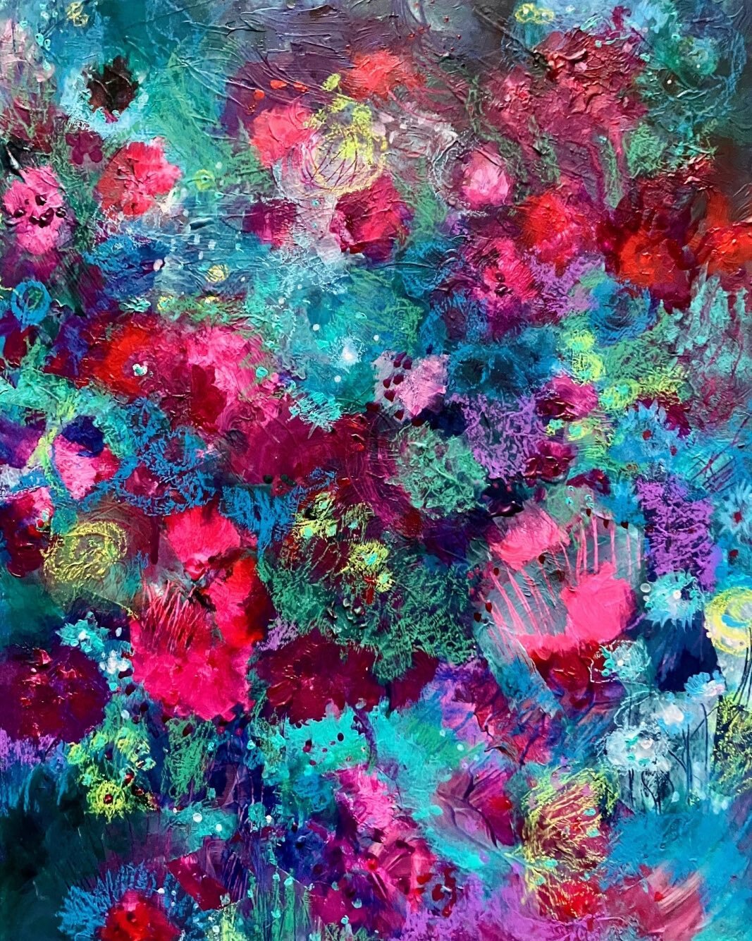 &ldquo;Dewfall&rdquo; abstract multimedia piece on 12x 16 inch wood panel. #joyfulart,#colourfulacrylic,#colourfulflowers,#colourjoy, #abstractflowers