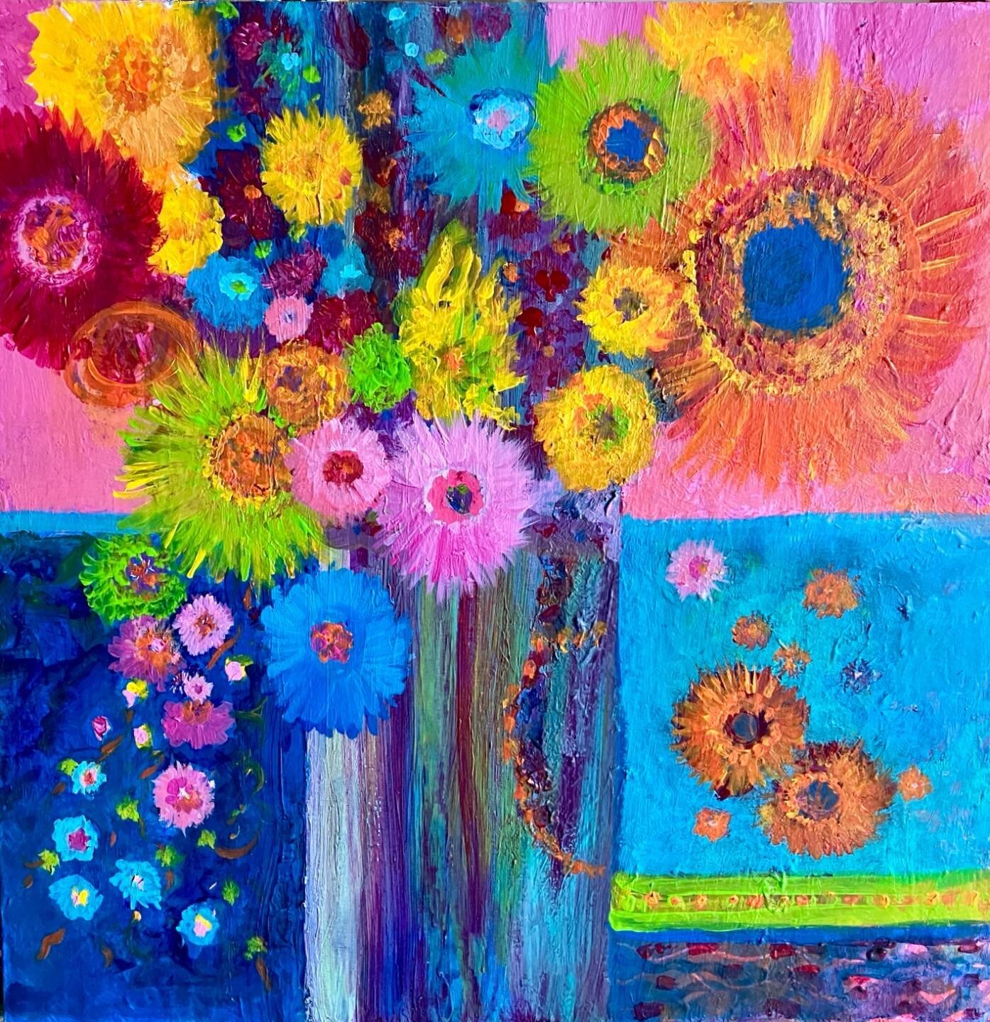 &ldquo;The force&rdquo; - 12 x12 inch wood panel abstract acrylic flowers. #colourfullife#abstractacrylics#colourfulflowers#happyplace