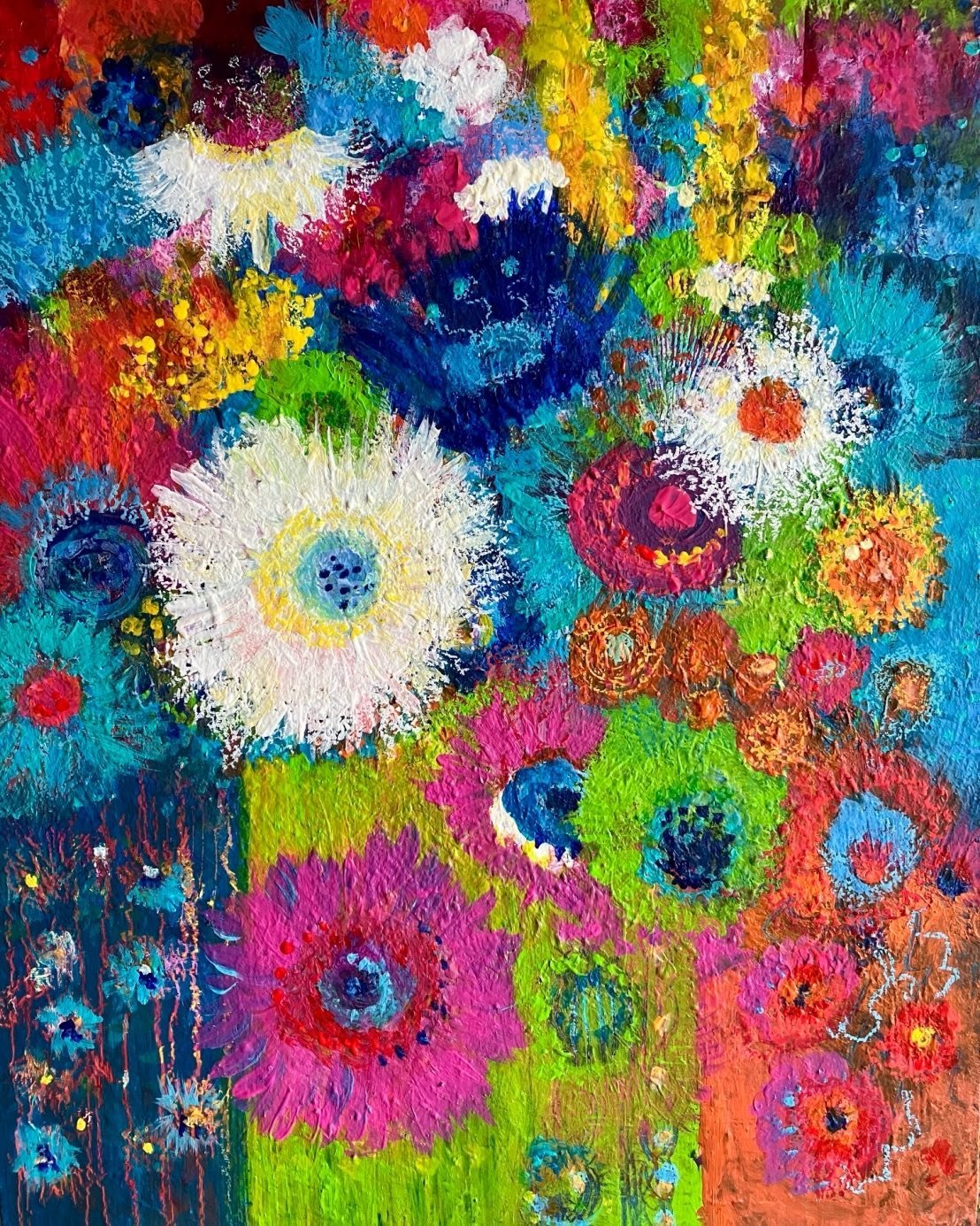 &ldquo;Bringing the party&rdquo; a reworked earlier piece( I love that about acrylics- layers and layers of ideas!) #abstractflowers#colourfulacstracts#colourfullife