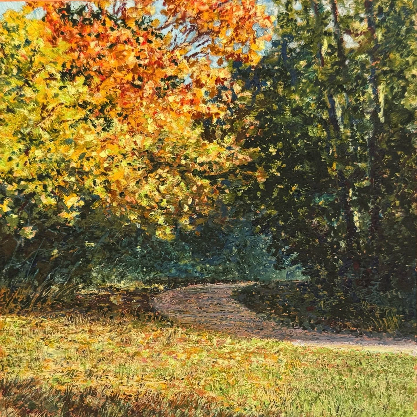 There was an ethereal light coming from around the bend and the sunlight shone through the golden canopy above. I love a path that begs to be wandered. 😌

Autumn Path
6.5&rdquo;x6.5&rdquo;, oil pastel on paper, 2025
🔴

#landscapeart #torontoartist 