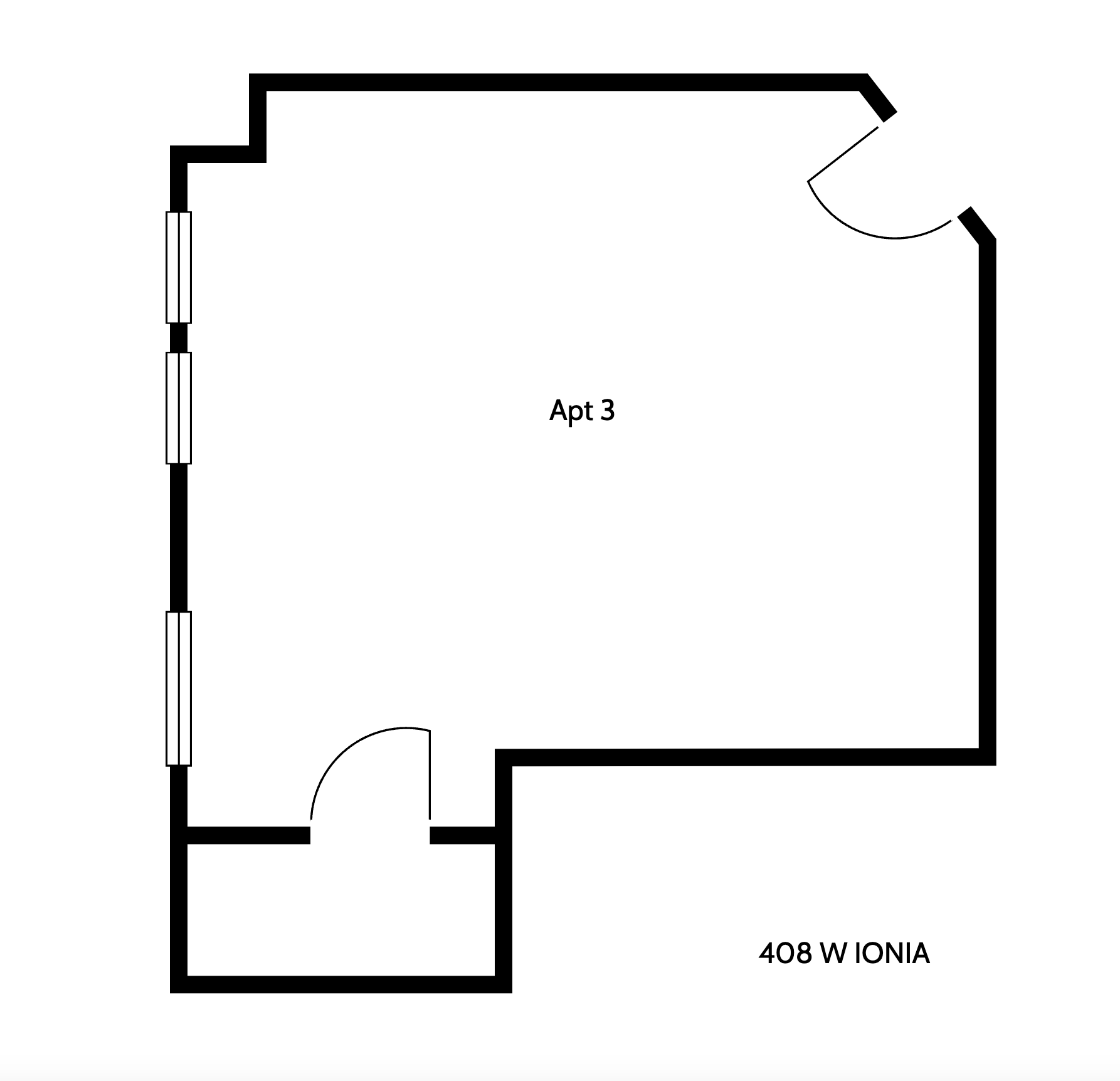 Floor plan of an apartment labeled Apt 3 with two entry doors and three windows, located at 408 W Ionia.