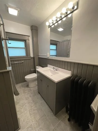 Small bathroom with gray vanity, mirror, and lighting fixture, toilet, radiator, and two frosted windows.
