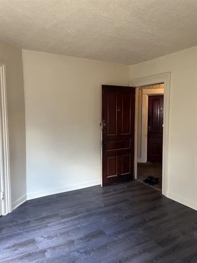 Empty room with white walls, a dark wooden door ajar, and dark laminate flooring.
