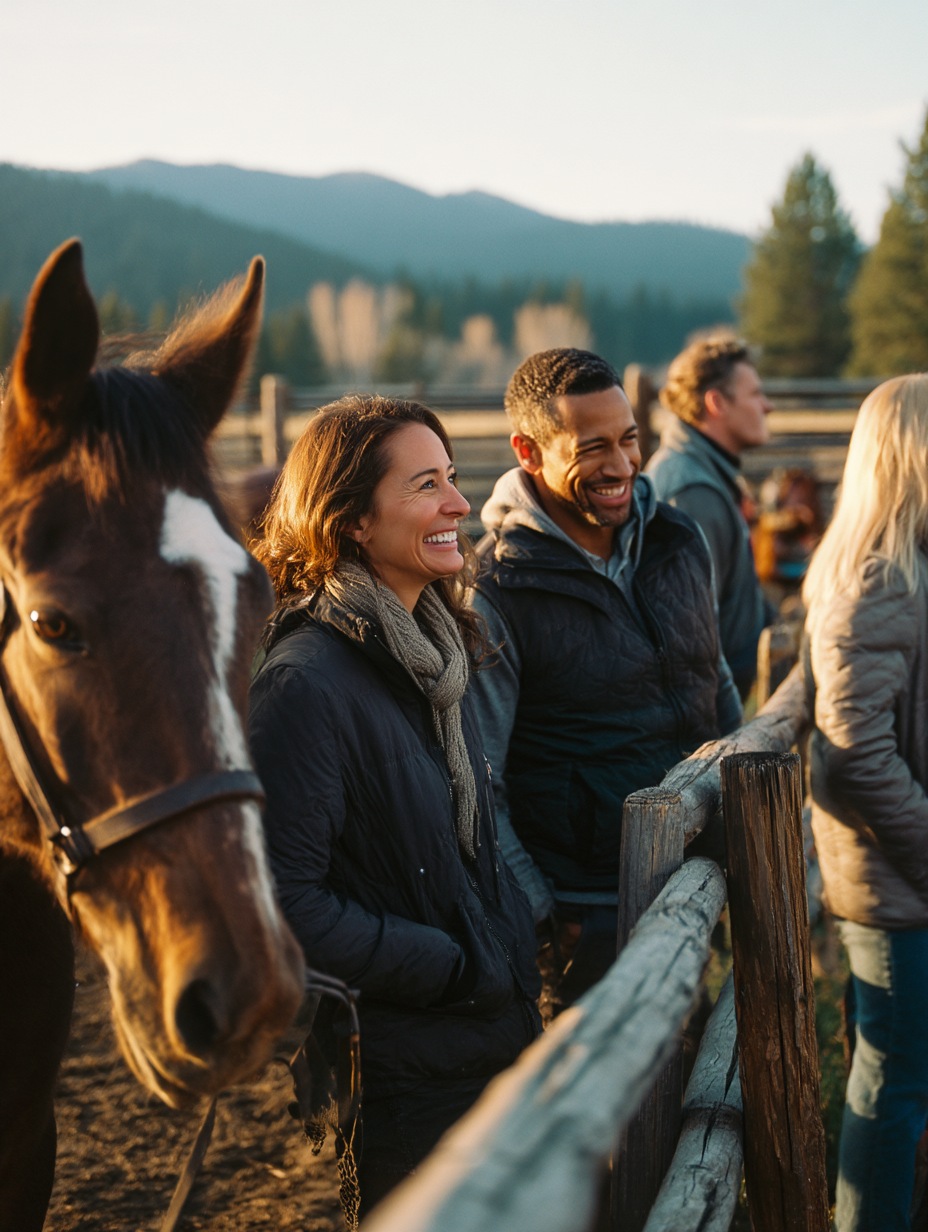 A group of people smiling and enjoying the outdoors at a horse farm during sunset, with mountains and trees in the background, and a horse in the foreground.