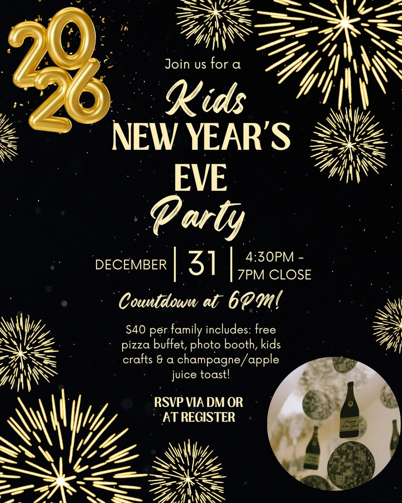 🚨 It&rsquo;s time to claim your spots at our 3rd Annual Kids NYE Party! 🎉 We&rsquo;ll be gathering starting at 4:30 for pizza, sweet treats and the best drinks on the block and counting down to 6pm 🕕 (our midnight!) with free crafts, Photo Booth, 