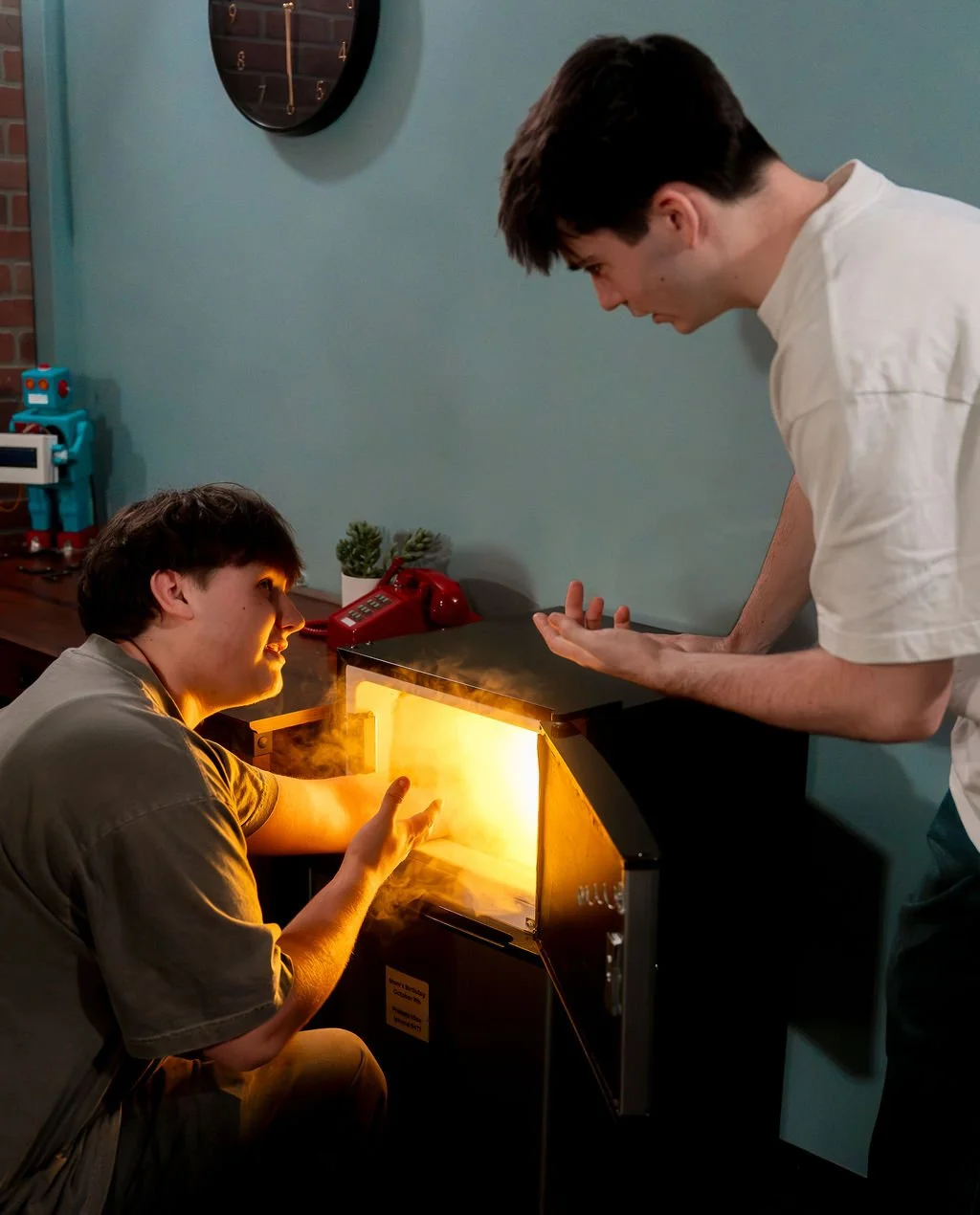 Two young men interacting near a small indoor fire or thermal demonstration device, with one seated and the other leaning over, in a casual room decorated with a wall clock, a toy robot, a red rotary phone, and small potted plants.