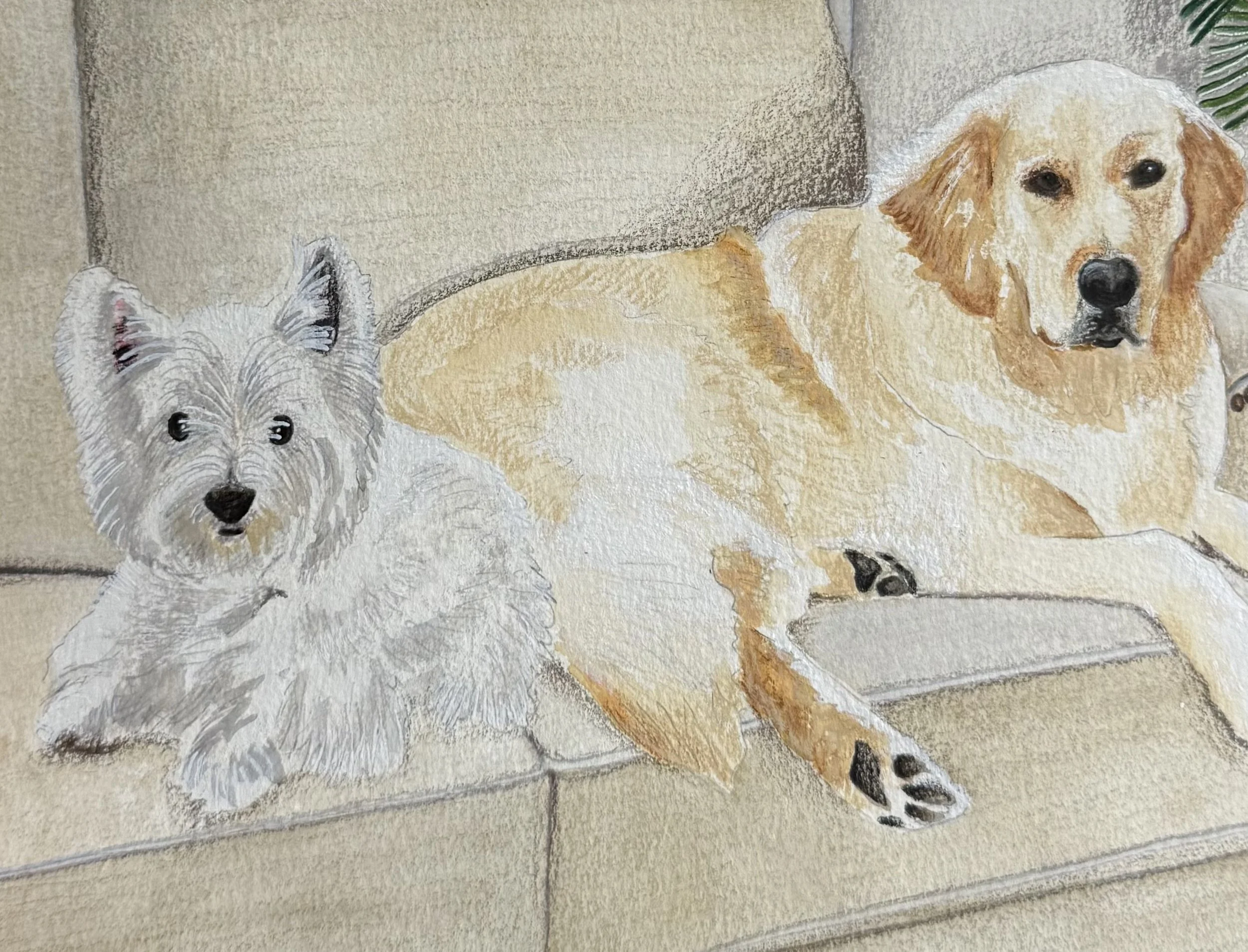 "Millie & Tucker"

8x10 mixed media pet portrait on Canson watercolor paper. Completed in Koi-I-Noor watercolors, Prismacolor colored pencils, and an assortment of inks.

August 2026