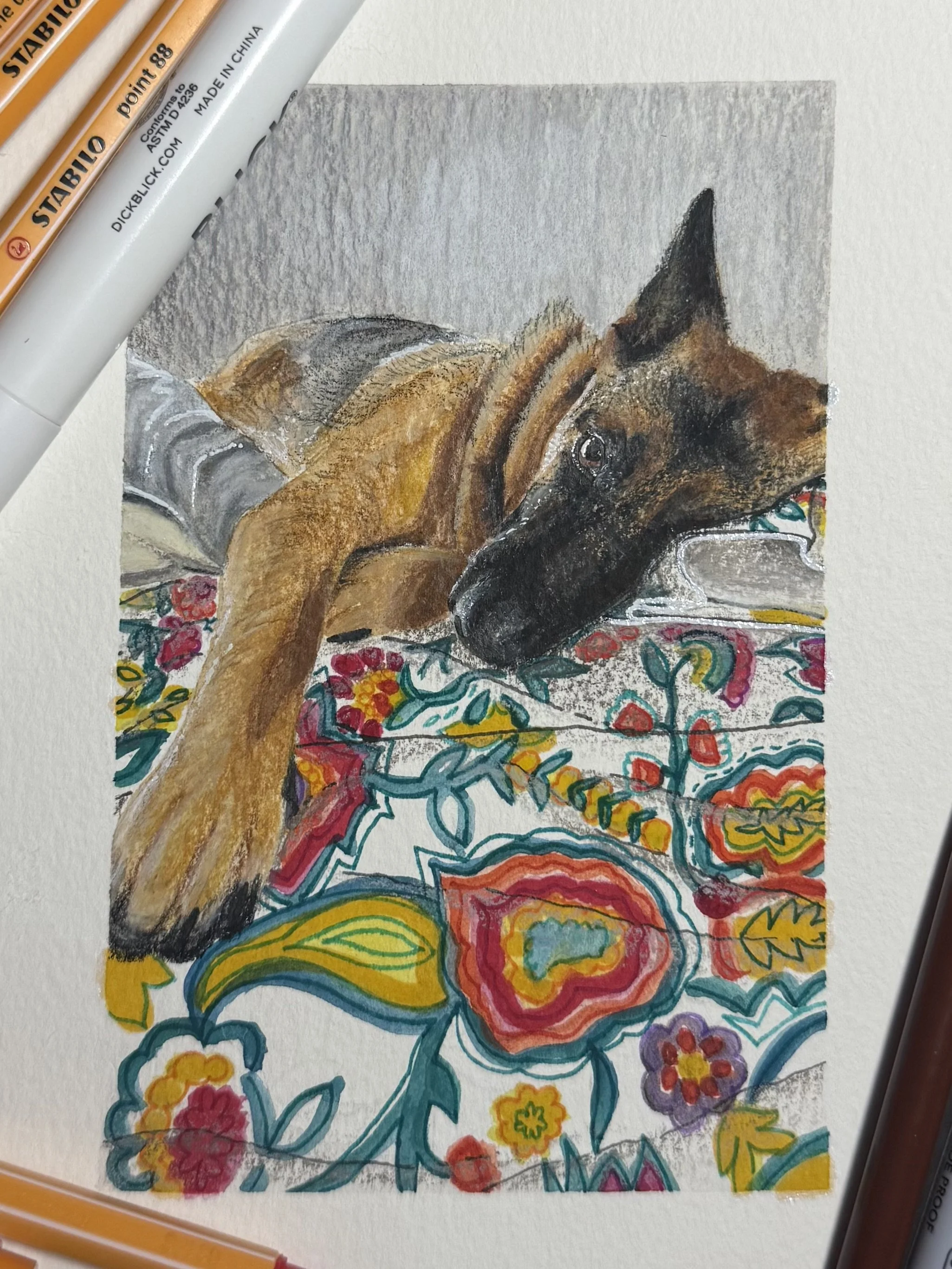 "Miller"

5x7 mixed media pet portrait on Canson watercolor paper. Completed in Koi-I-Noor watercolors, Prismacolor colored pencils, and an assortment of inks.

June 2026