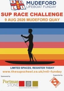 Silhouette of a person paddleboarding on water with a sunset in the background featuring orange, yellow, pink, and blue stripes. Event details for the Mudeford Lifeboat Fund SUP Race Challenge on August 9, 2026, at Mudeford Quay.