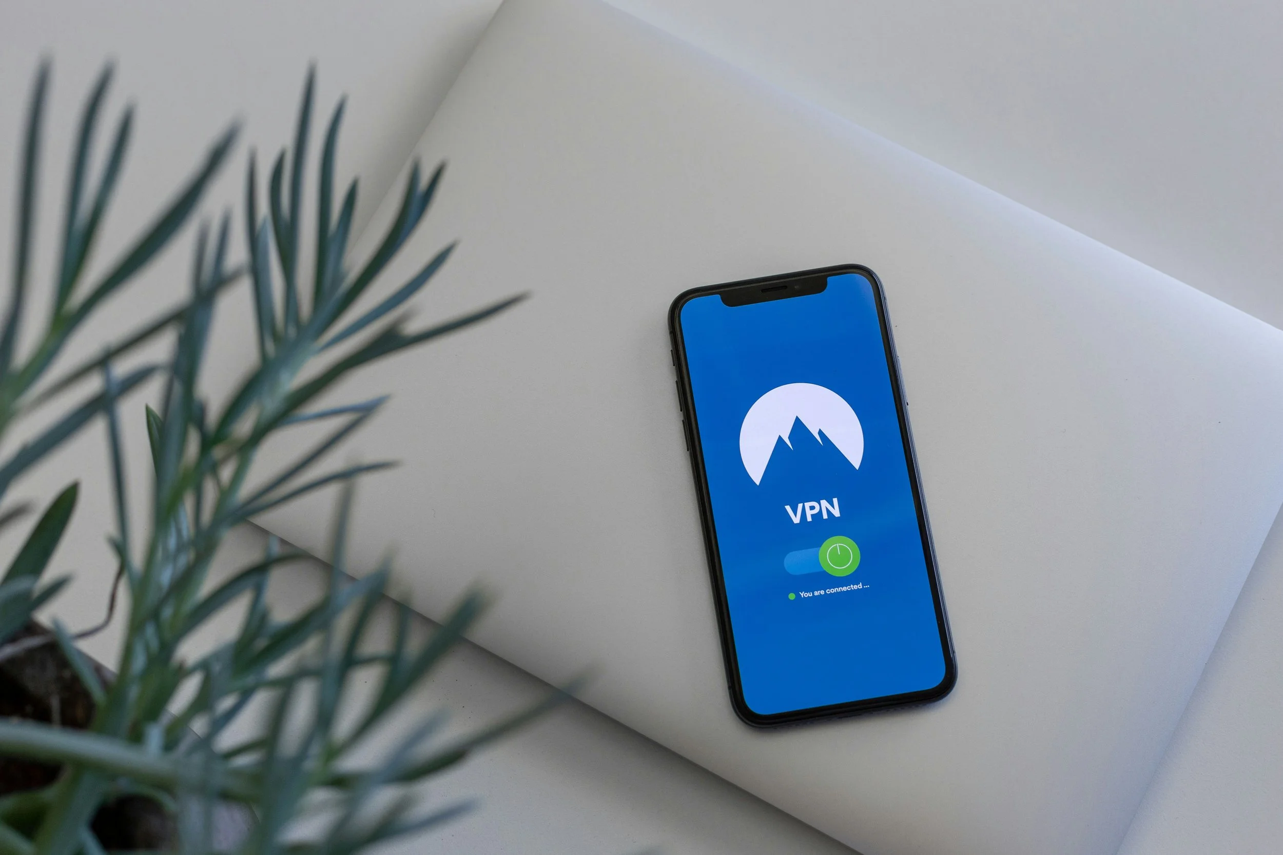 A smartphone displaying a VPN app rests on a closed laptop beside a small plant. The image represents digital privacy tools that help protect internet activity and personal information online.