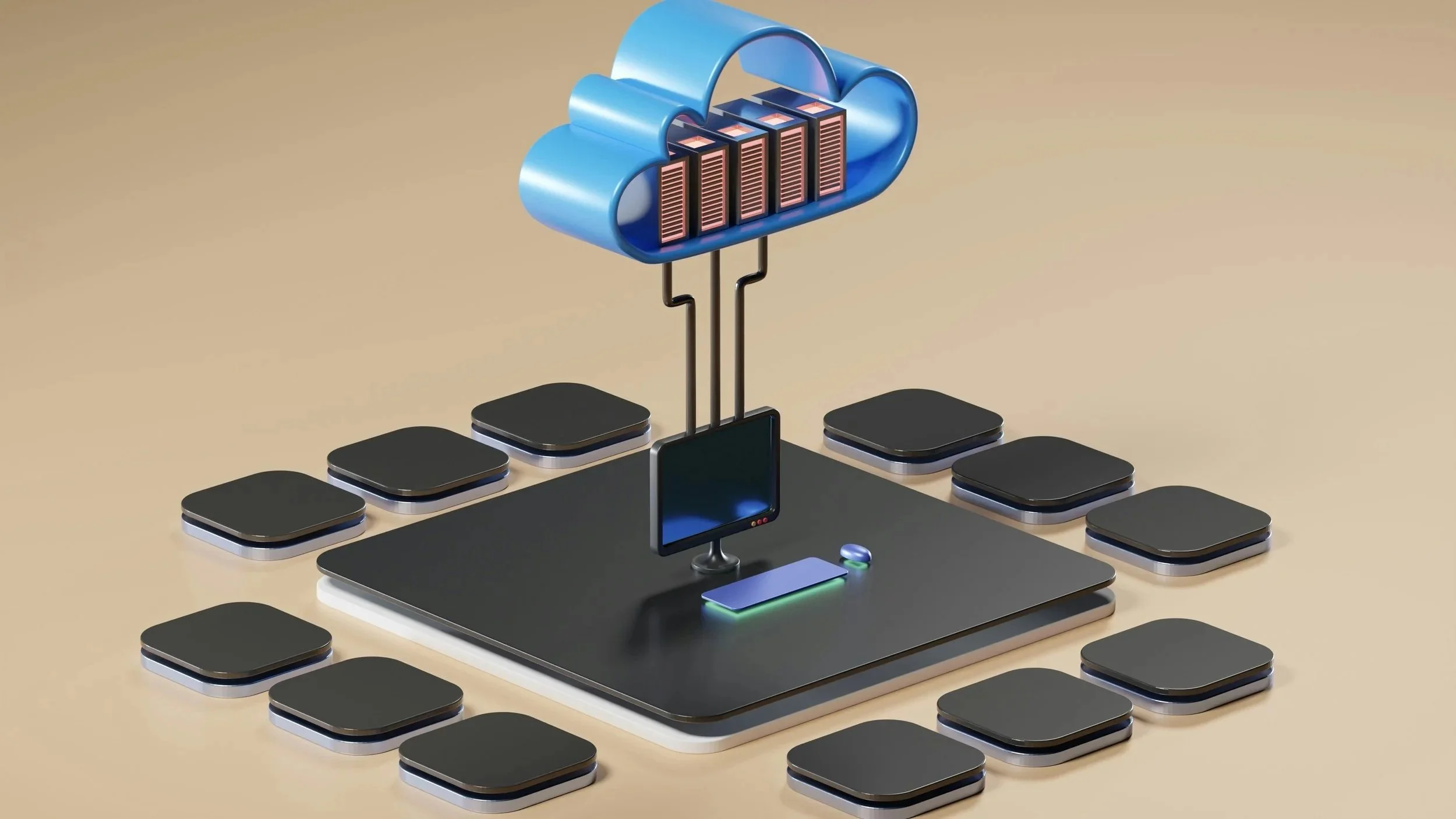 Illustration of a computer connected to a cloud with server icons above it, representing storing files online and learning how cloud storage works to access and manage files from different devices.
