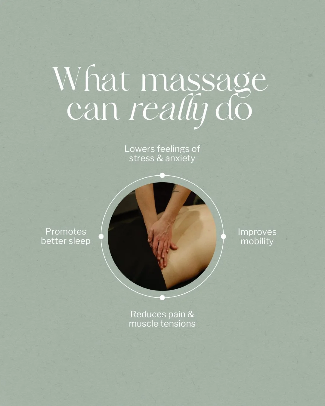 You might think massage is just relaxing &mdash; and it absolutely is &mdash; but it's also therapeutic. 💆🏼&zwj;♀️

Here's what regular massage can support:

&bull; Lowers feelings of stress + anxiety
&bull; Reduces muscle tension &amp; chronic pai