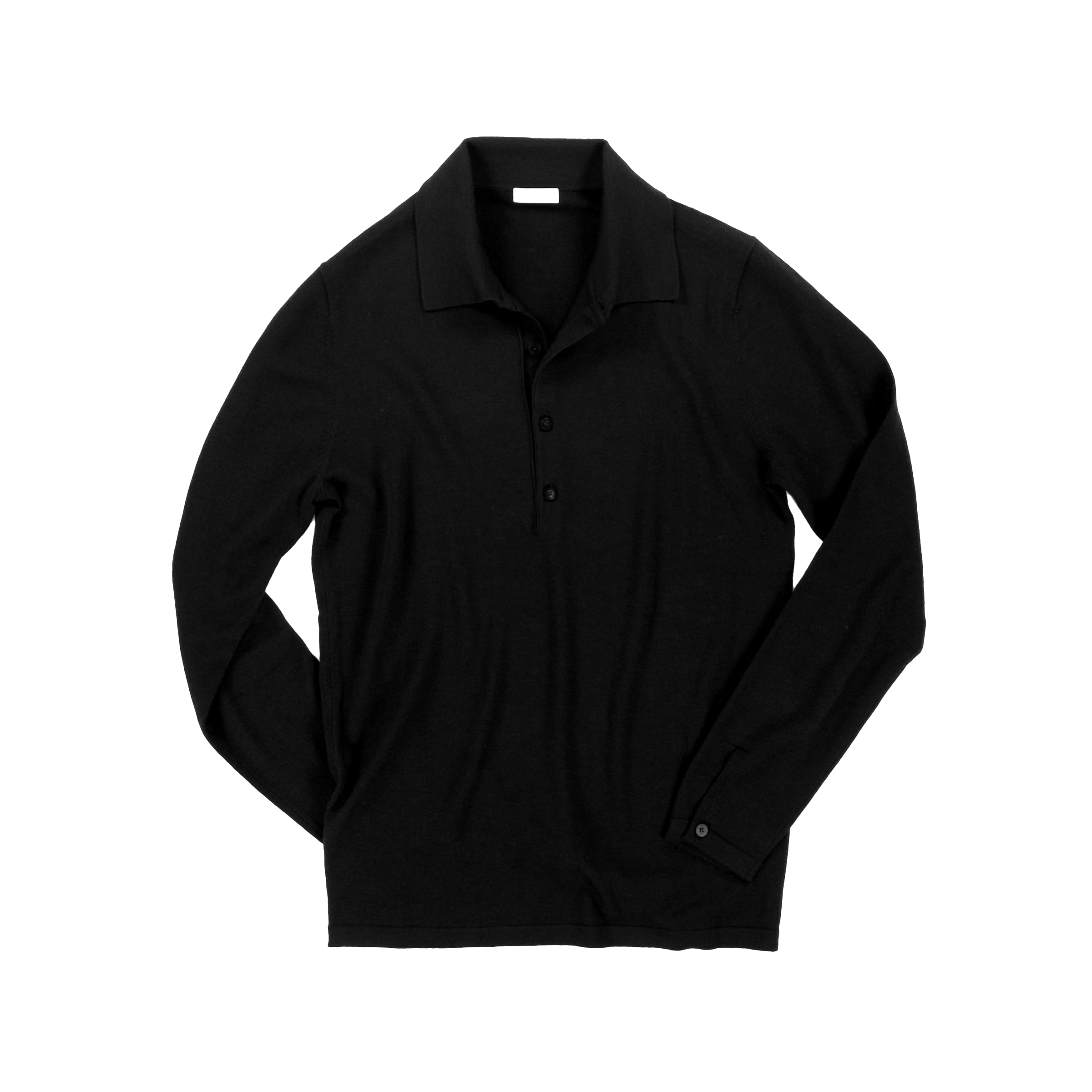 Black long sleeve polo shirt with buttons on the front, laid flat on a black background.
