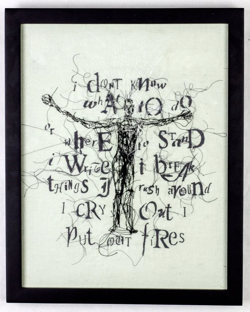 LESLEY DILL: I PUT OUT FIRES, 2017 thread on fabric 15 x 12 in. 38.1 x 30.5 cm.