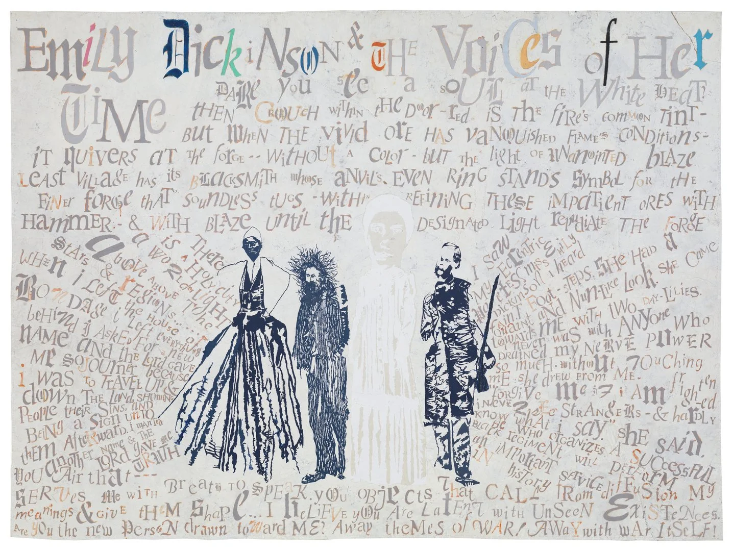 LESLEY DILL: EMILY DICKINSON AND VOICES OF HER TIME, 2017 oil paint, paper, thread on fabric-backed paper, 72 x 96 in. 182.9 x 243.8 cm.