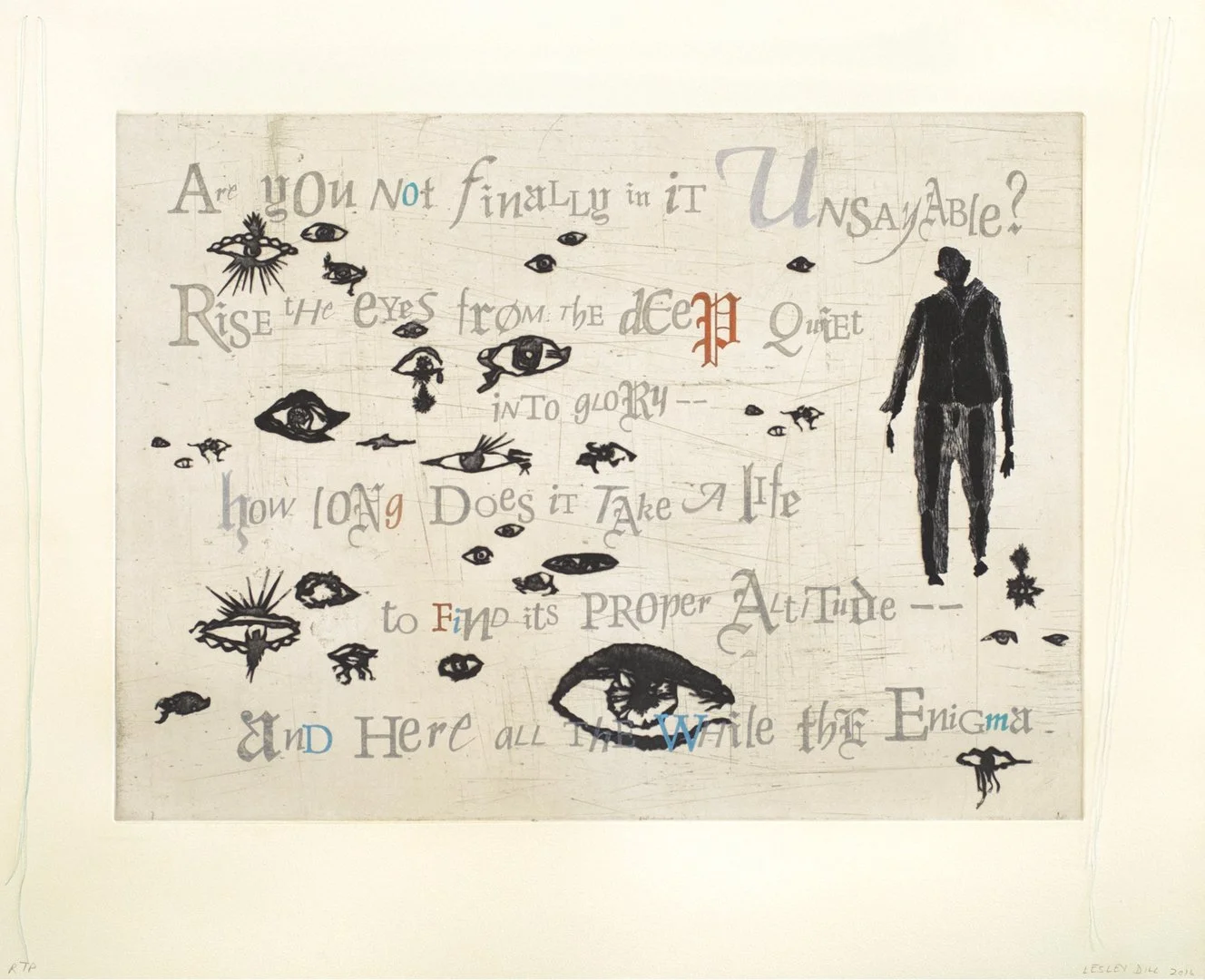 LESLEY DILL: EYES, 2016 Etching, relief, hand painting, thread, collage, ed. 18 24 7/8 x 29 7/8 in. 63.2 x 75.9 cm.