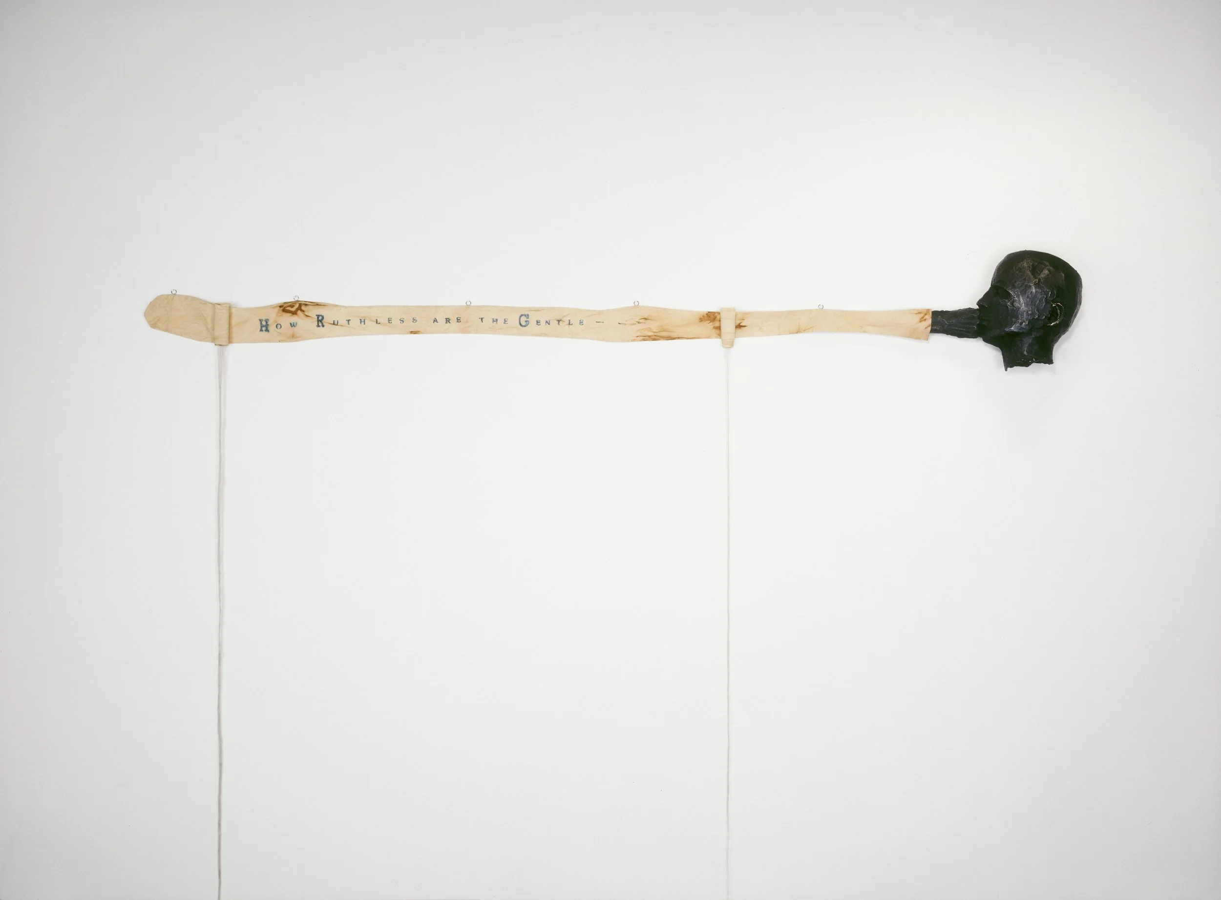 LESLEY DILL: PUNCH, 1997, bronze, patina with micro-crystalline wax, oil paint, tea stained muslin, thread and epoxy, 10 1/4 x 83 x 4 in. 26 x 210.8 x 10.2 cm.