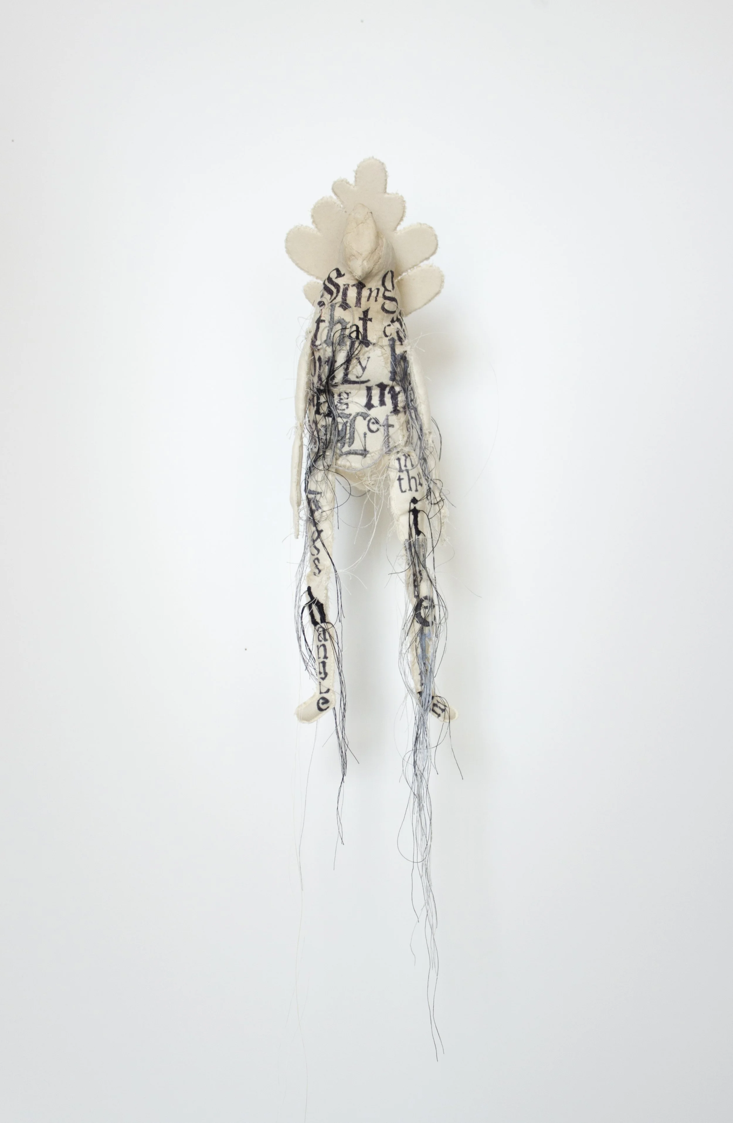 LESLEY DILL: BEIGE BIG BUTT BIRD PUPPET #1 "SONG THAT CAN ONLY BE SUNG ONCE," TOM SLEIGH "SO LET YOUR LEGS DANGLE IN THE IMPERIUM", 2013 ink, thread, horsehair, fabric 12.5 x 4 x 5 in. 31.8 x 10.2 x 12.7 cm.