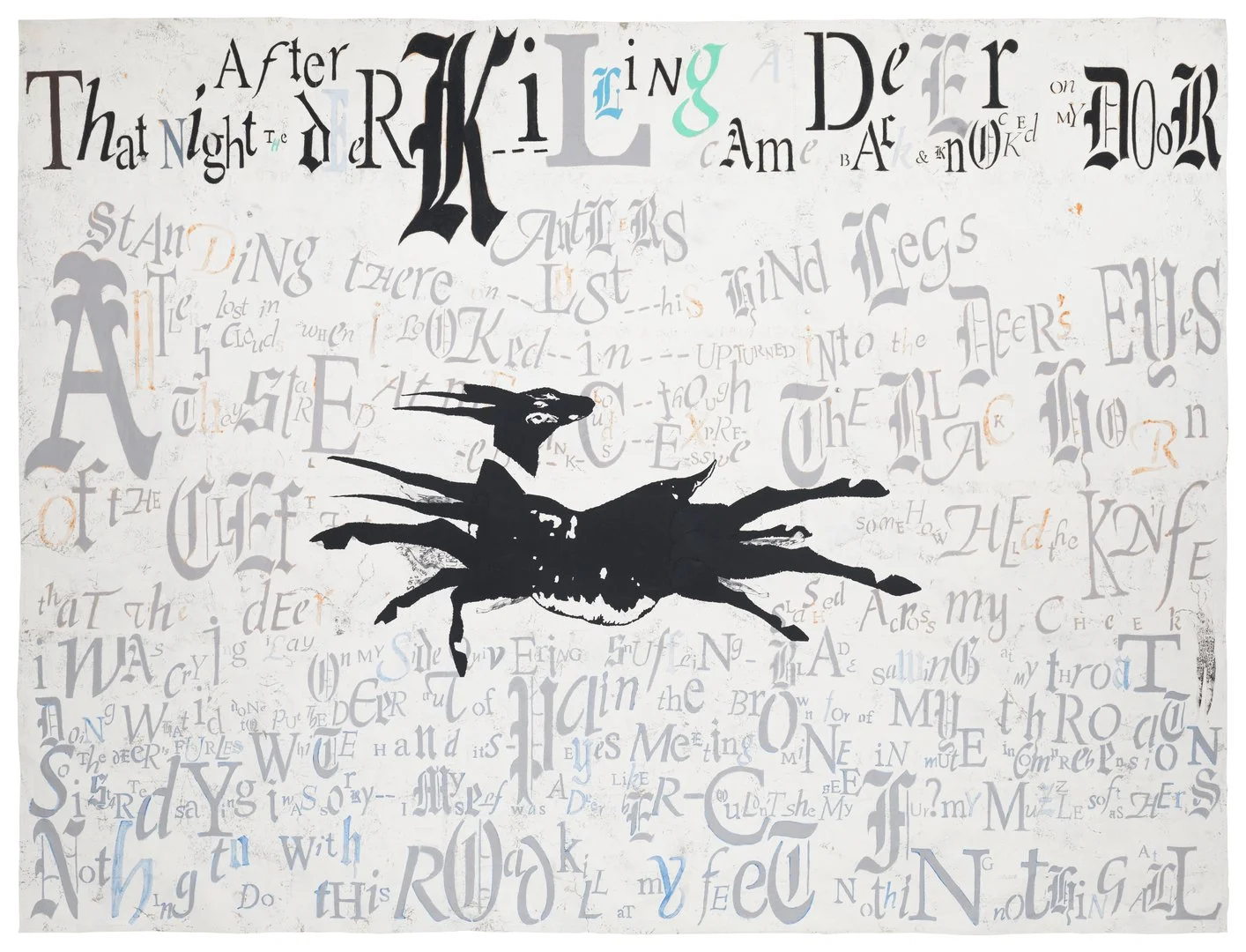 LESLEY DILL: LEAPING DEER, 2015 oil paint, paper, thread on fabric-backed paper 72 x 96 in. 182.9 x 243.8 cm.