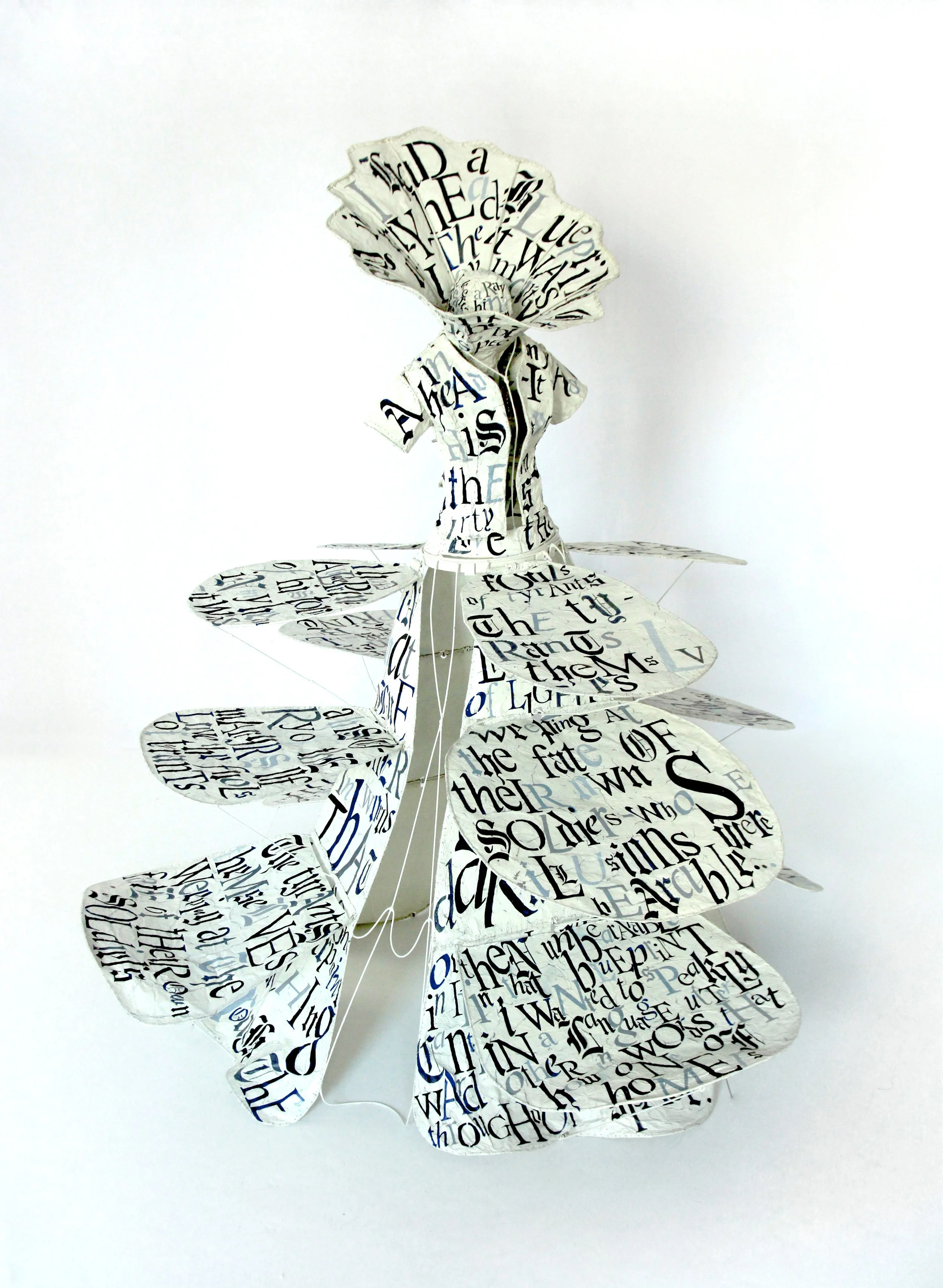 LESLEY DILL: GOWN OF BLUEPRINT, 2014, hand-painted metal with oil paint on metal armature, 78 x 58 x 58 in. 198.1 x 147.3 x 147.3 cm. 78 x 67 x 69 in. 198.1 x 170.2 x 175.3 cm.