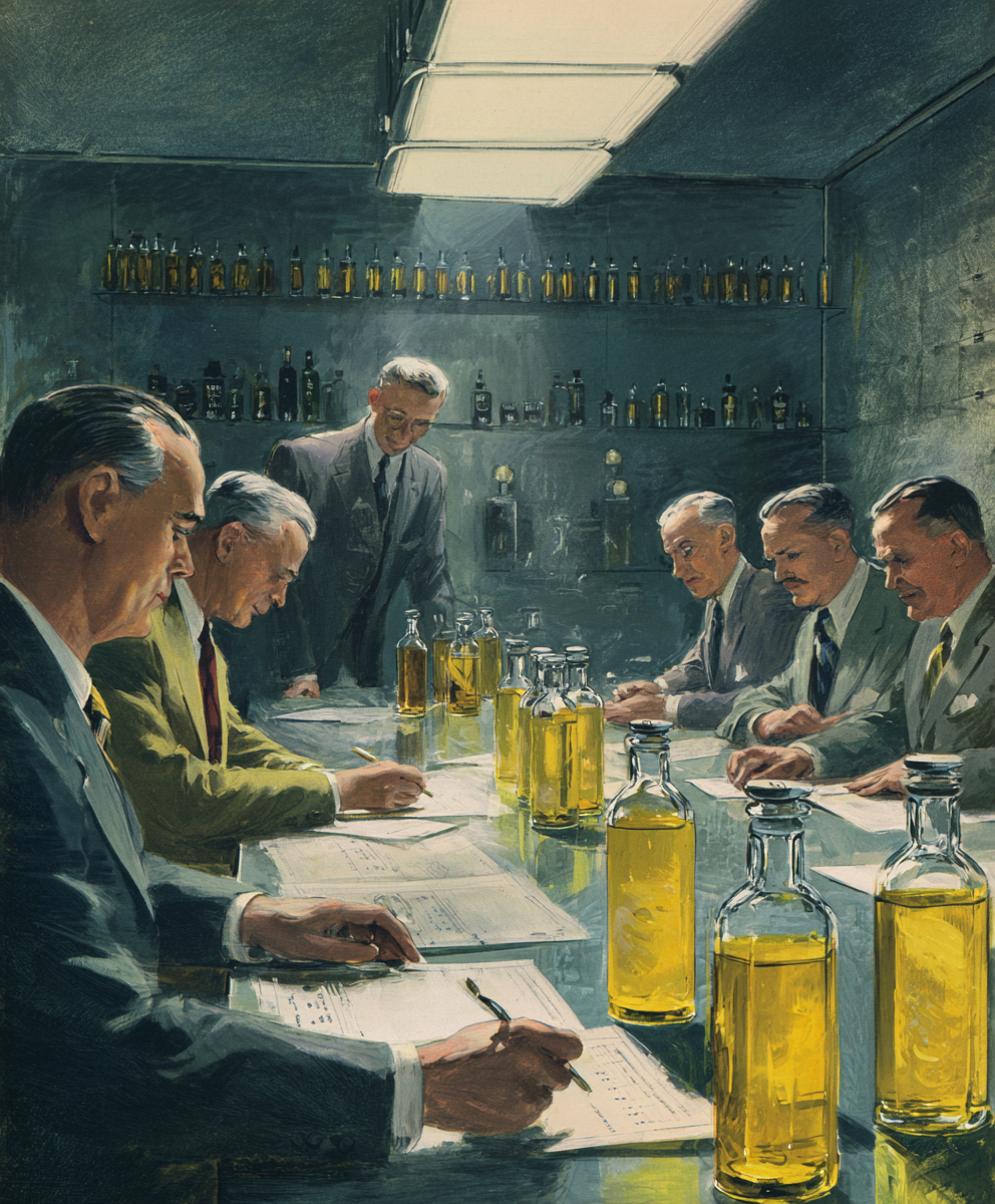 Drawing of men in suits assessing whisky bottles in a clinical setting
