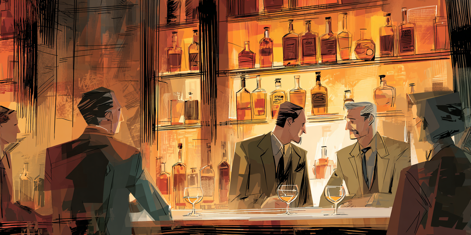 Illustration of people enjoying a whisky in a bar