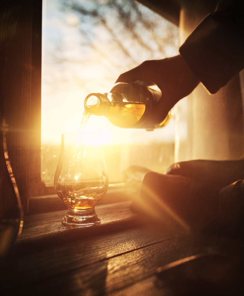 Drawing of sunlight shining through a dram being poured into whisky glass