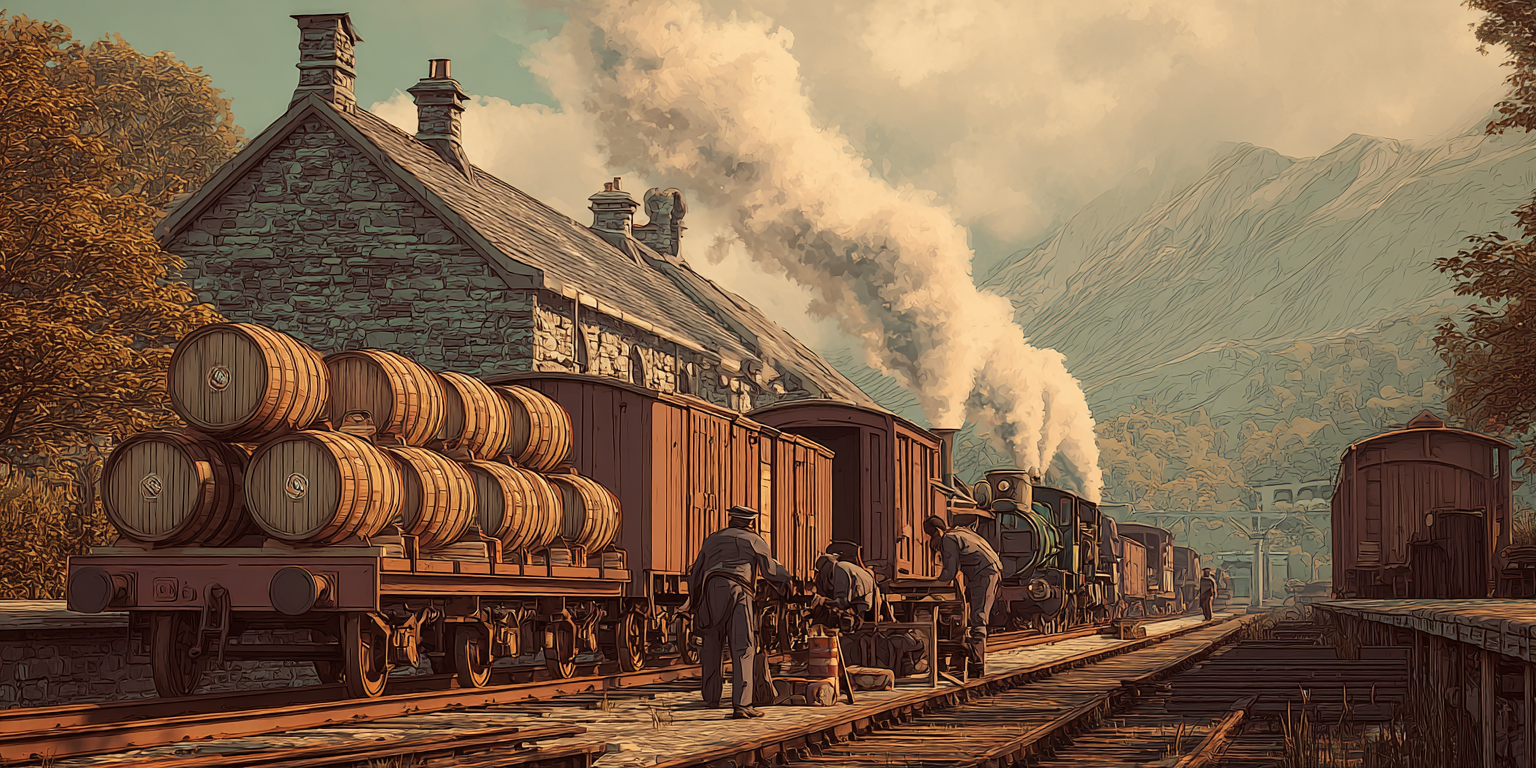 Drawing of a railway siding and casks being loaded onto old rail carts in Scotland