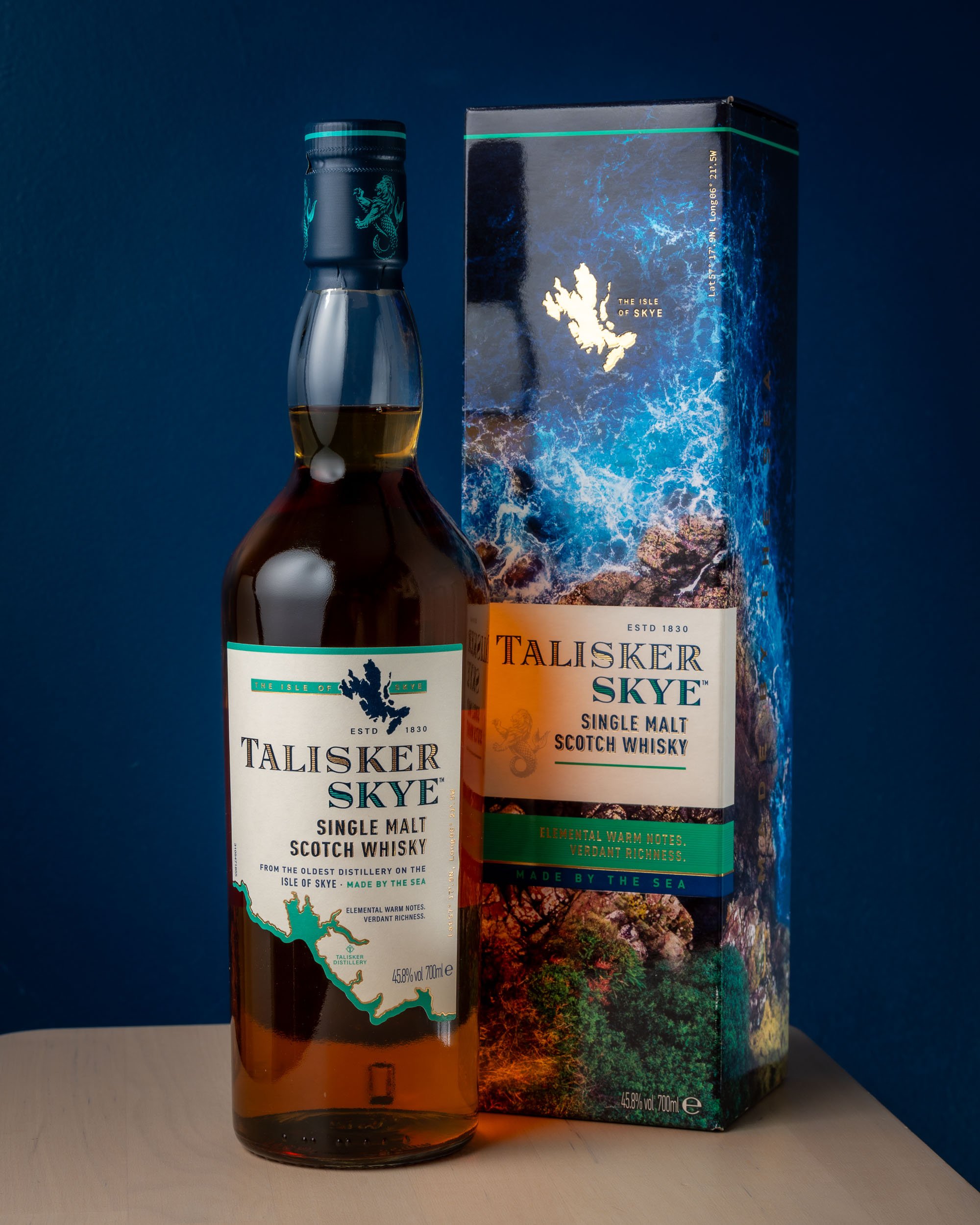 A bottle of Talisker Skye stood next to its box