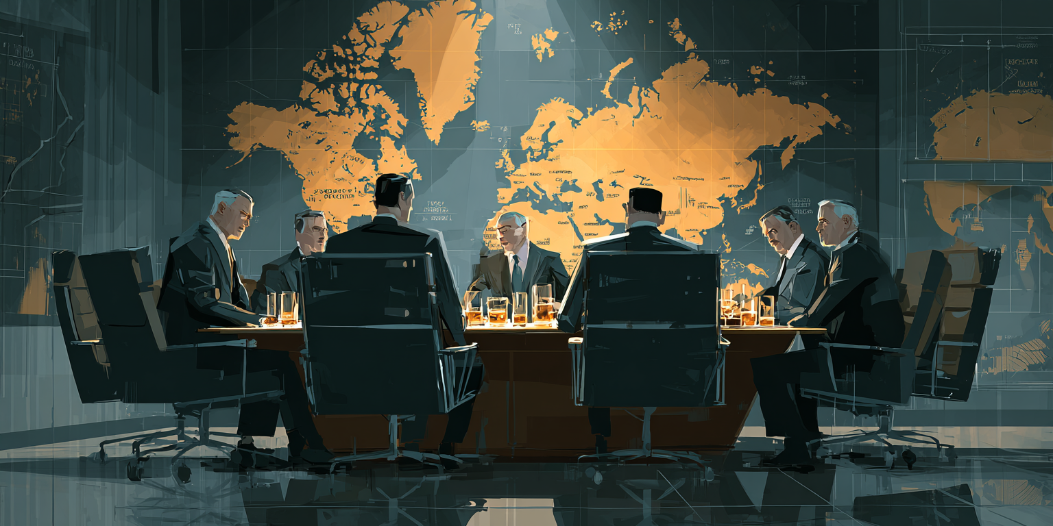 Illustration of men sat around a desk in a boardroom plotting mergers and global domination