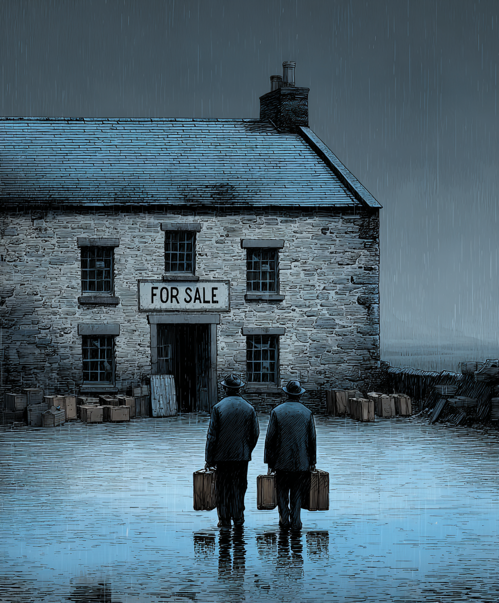 Ink drawing of a distillery being closed down with two men stood outside the front