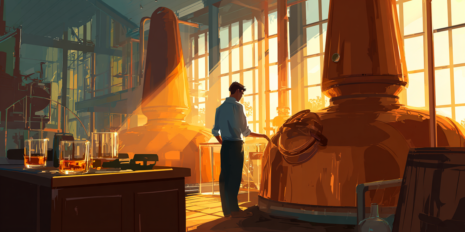 Illustration of a young distiller at work