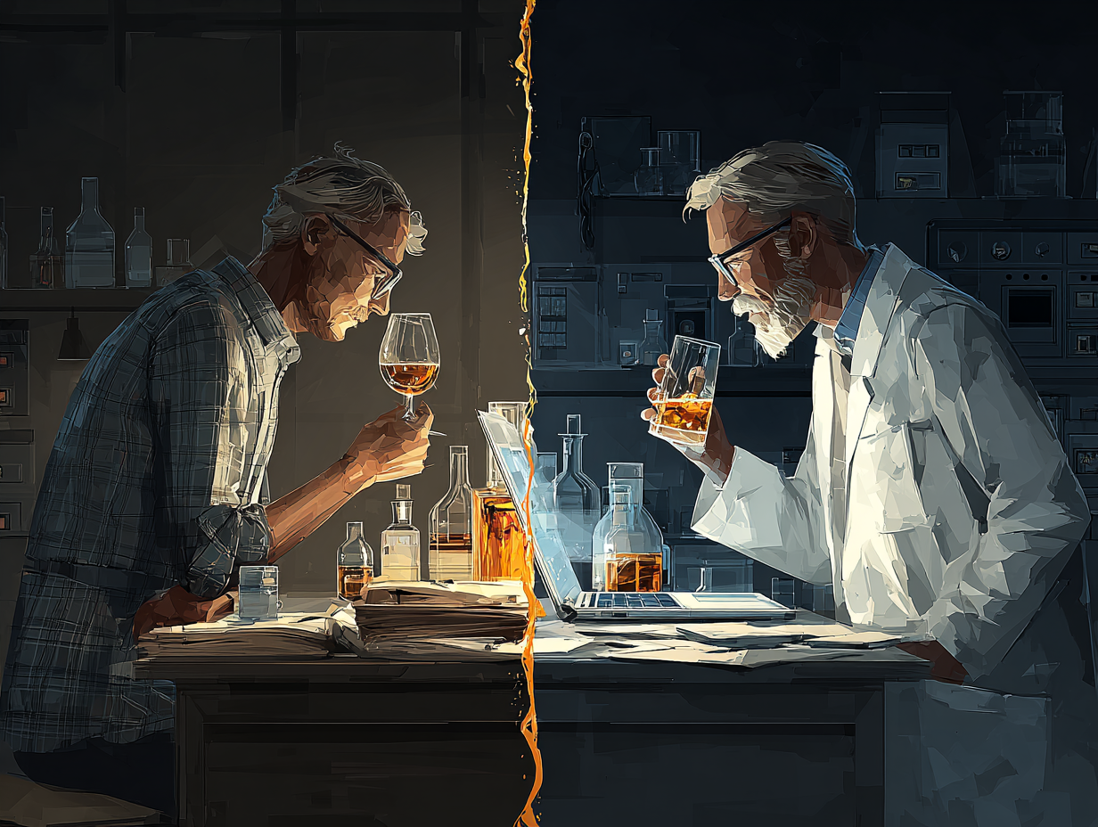 Illustrated split image showing a traditional craft distiller on the left and a modern, scientific distiller on the right