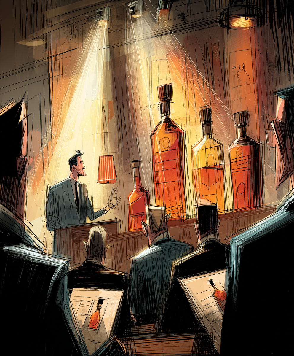 Illustration of whisky being sold at auction