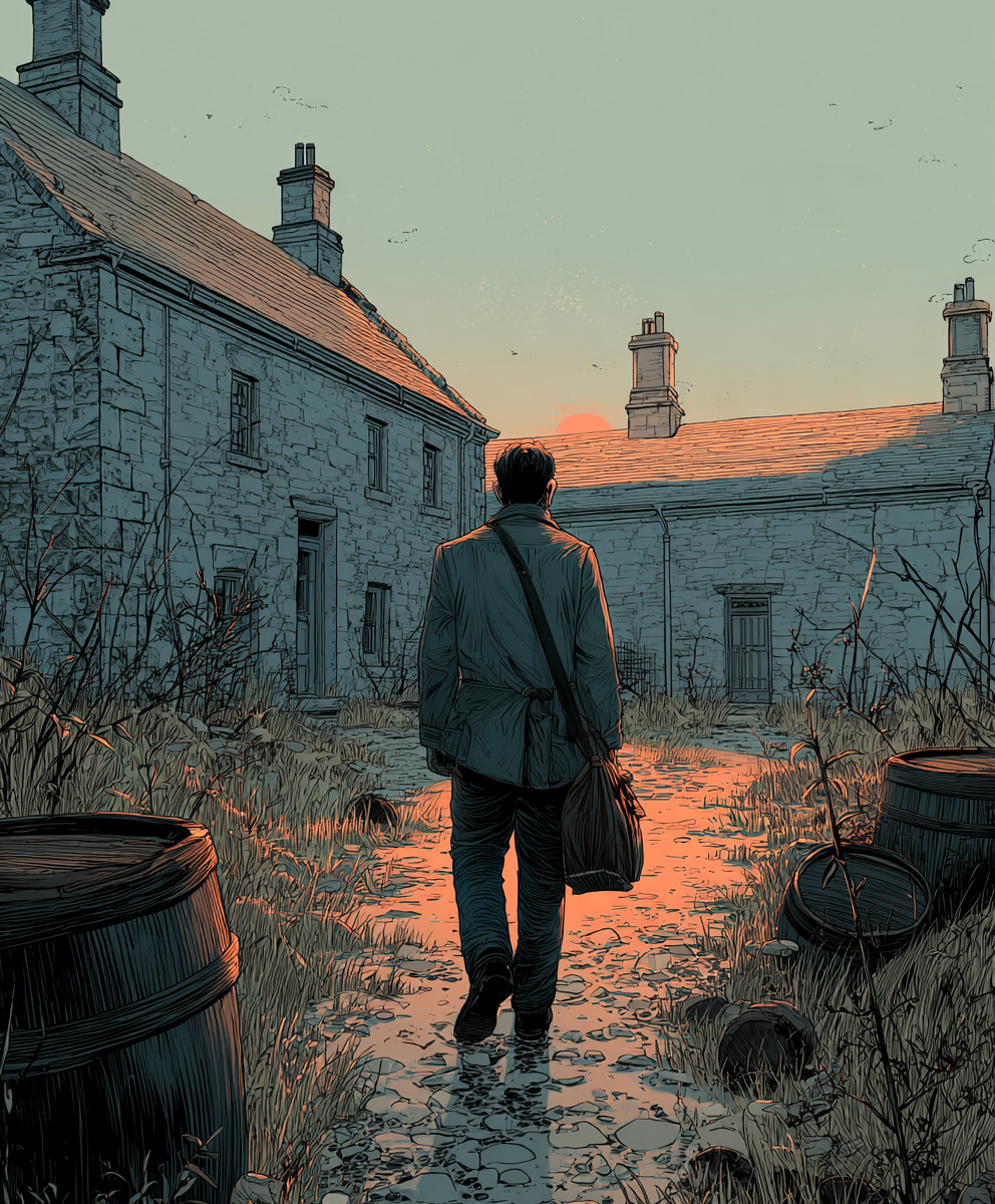 Ink drawing of a soldier returning from war to an abandoned distillery
