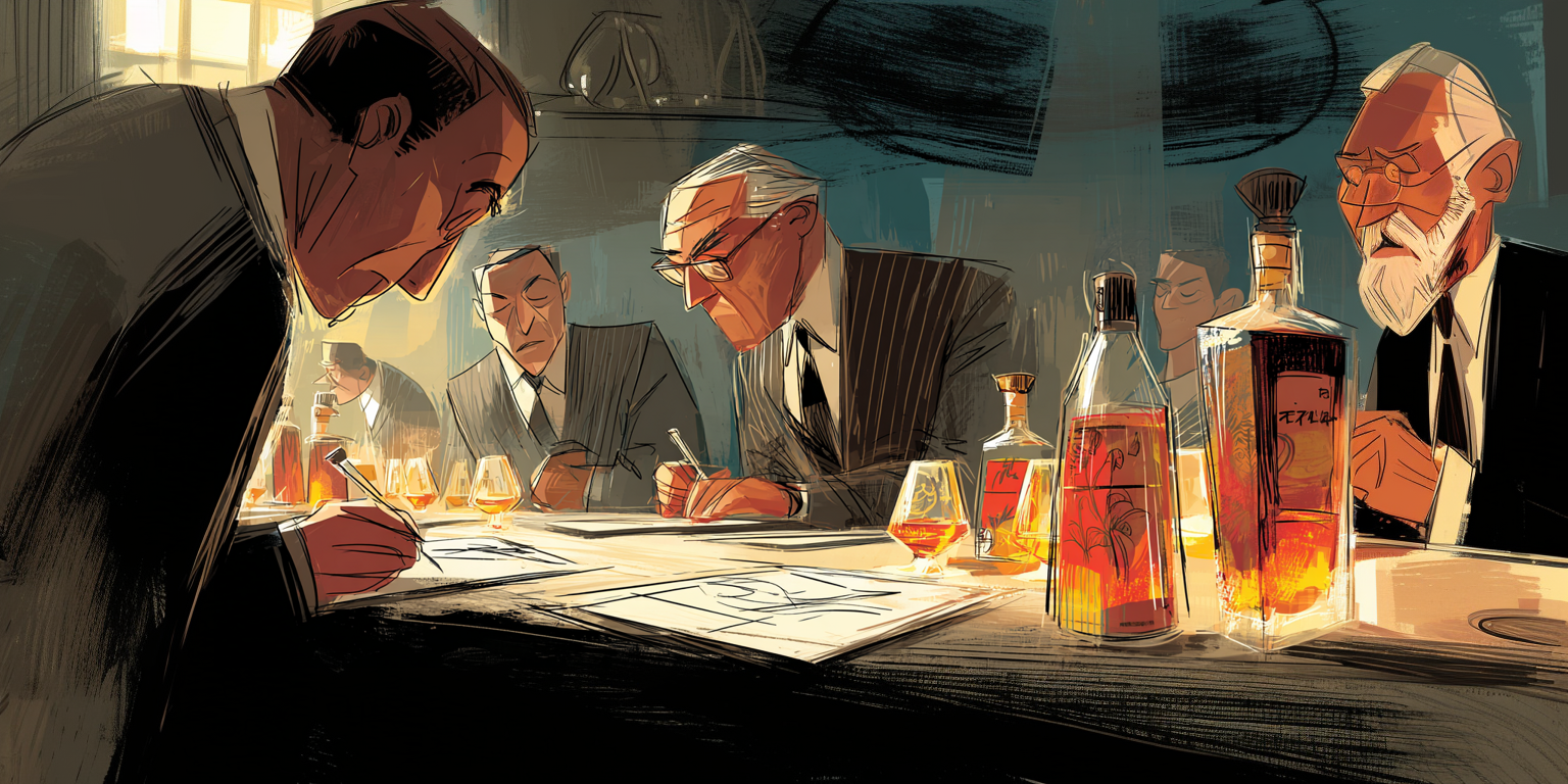 Illustration of judges tasting whisky at a competition