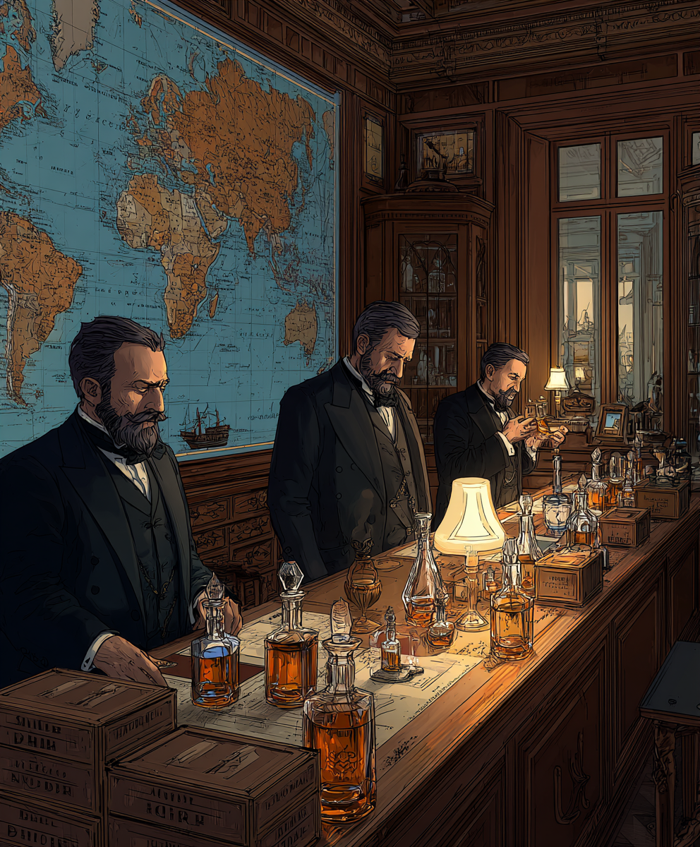 Victorian men assessing whisky in front of a map of the world