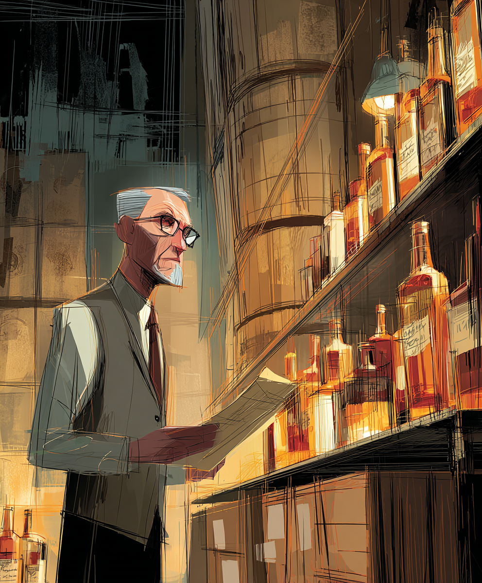 Illustration of an independent bottler examining whisky